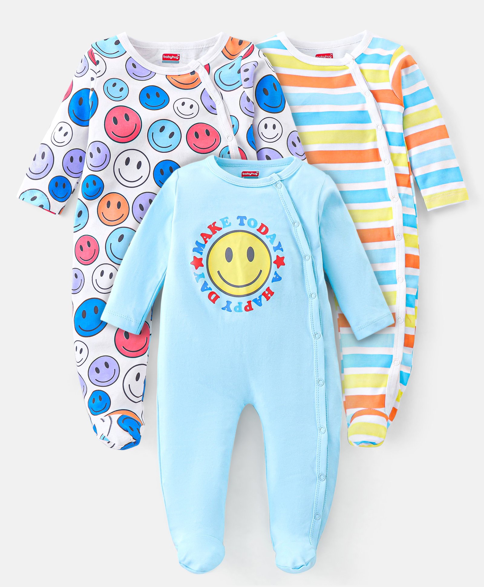 Babyhug Interlock Full Sleeve Striped Sleepsuits Smiley Print Pack of 3 - Multicolor-image-30