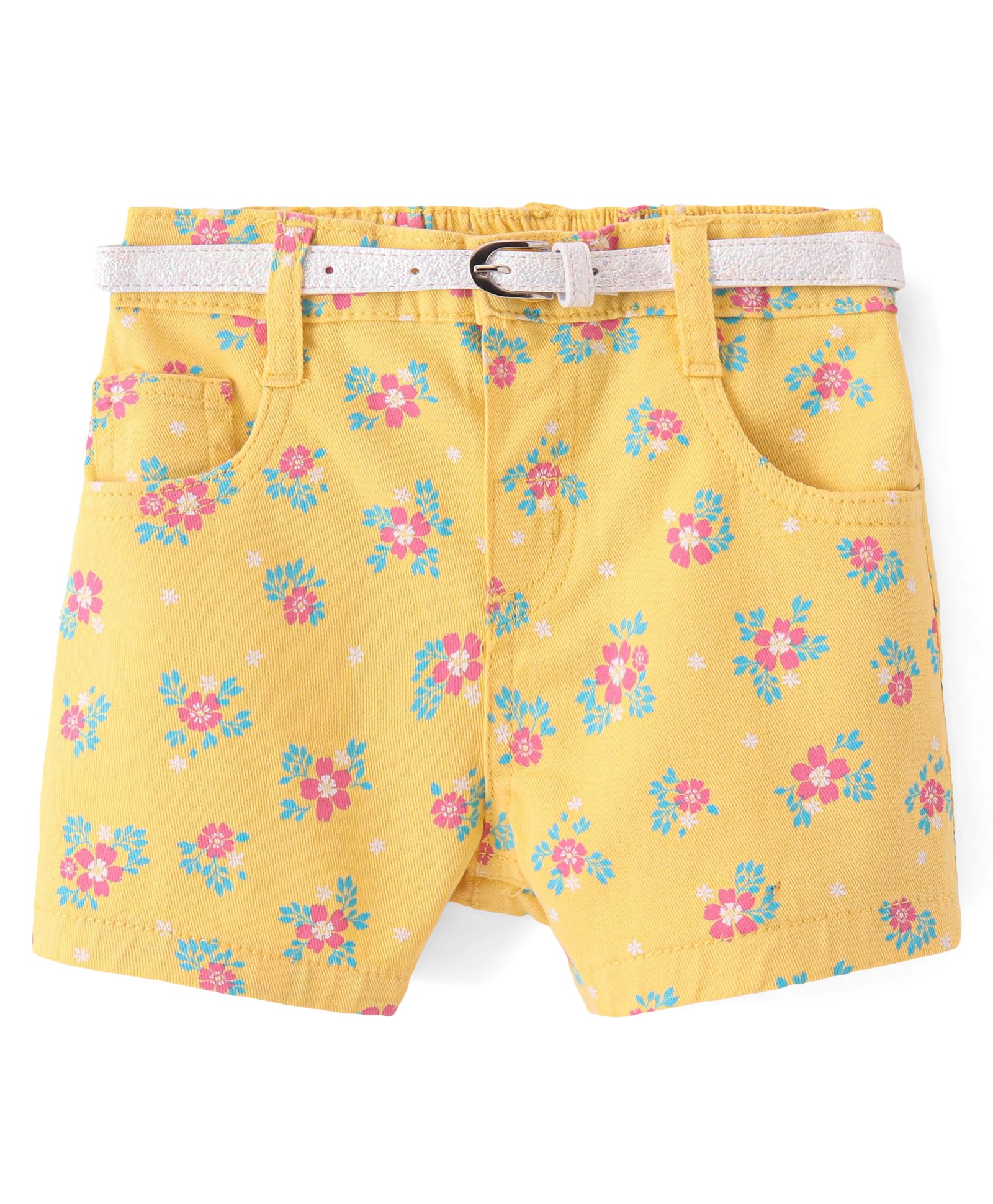 Babyhug Twill Woven Mid Thigh Shorts with Belt Floral Print - Yellow-image-2