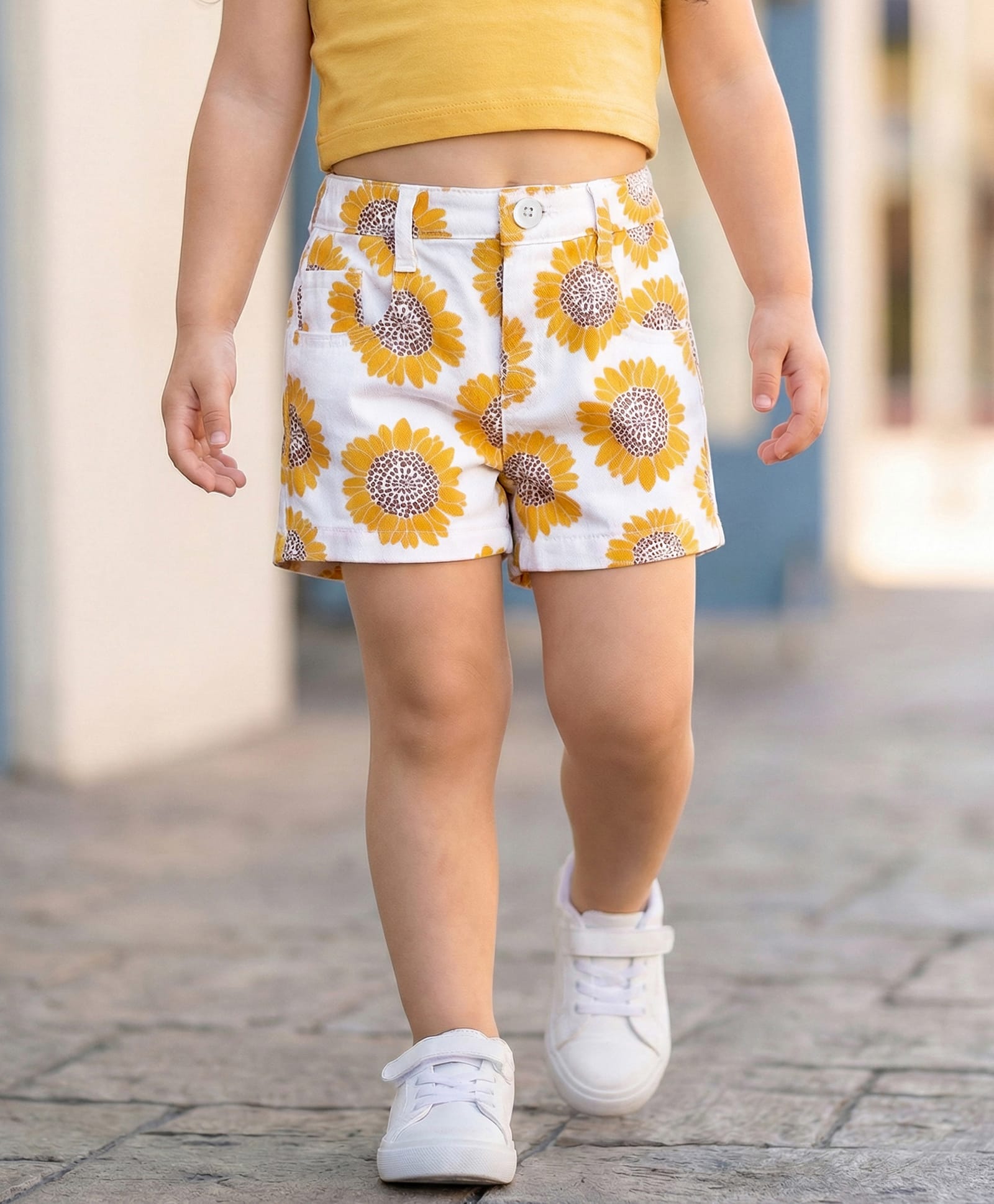 Babyhug Twill Woven Mid Thigh Shorts Sunflower Print - White-image-43