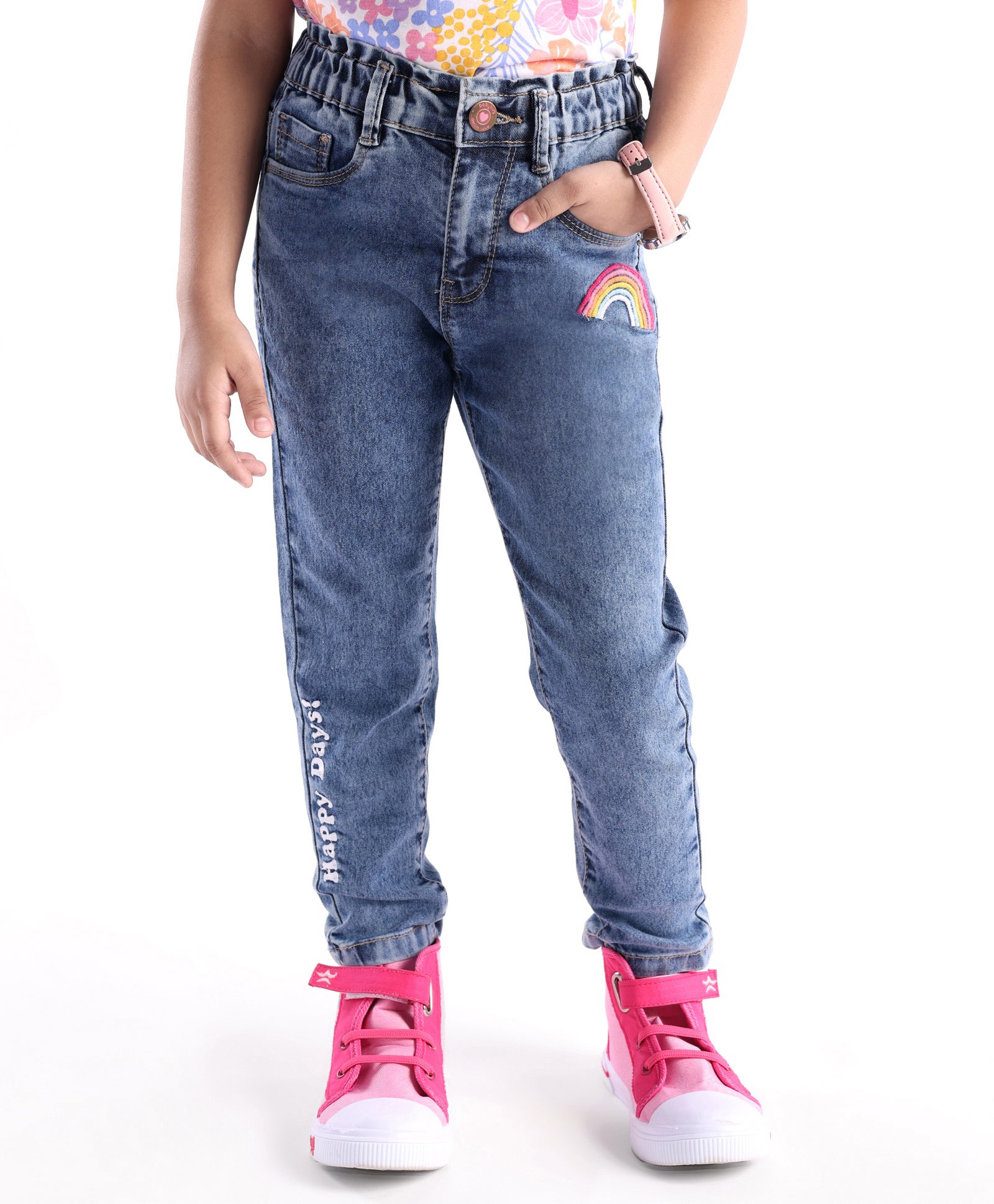 Babyhug Denim Full Length Jeans With Stretch & Rainbow Embroidery - Blue-image-14