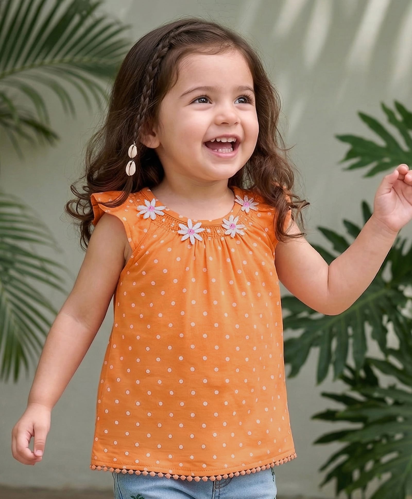 Babyhug Rayon Woven Frill Sleeves Top With Polka Dots Print - Orange-image-42