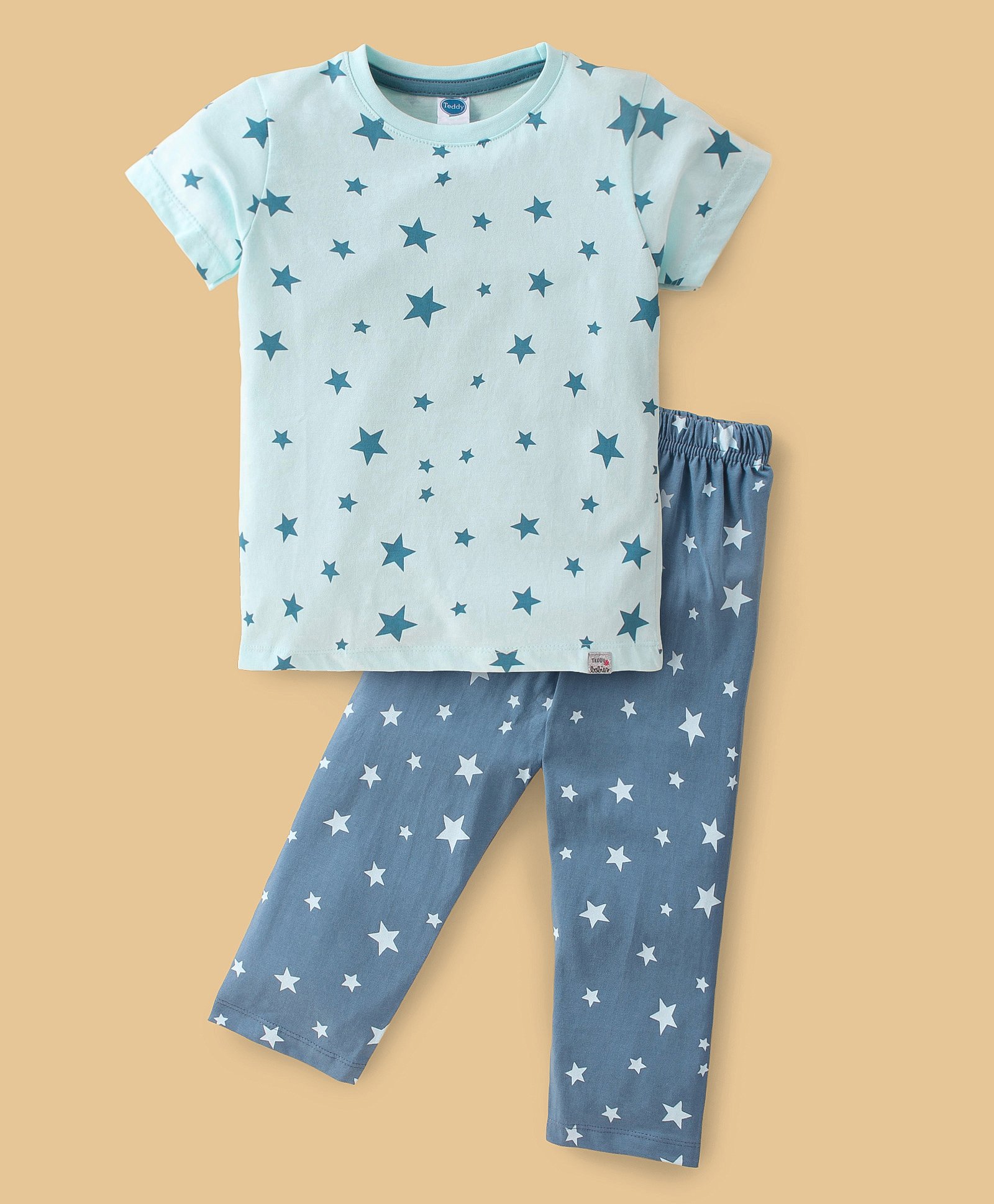 Teddy Sinker Knit Half Sleeves Night Suit With Star Print - Blue-picture-20
