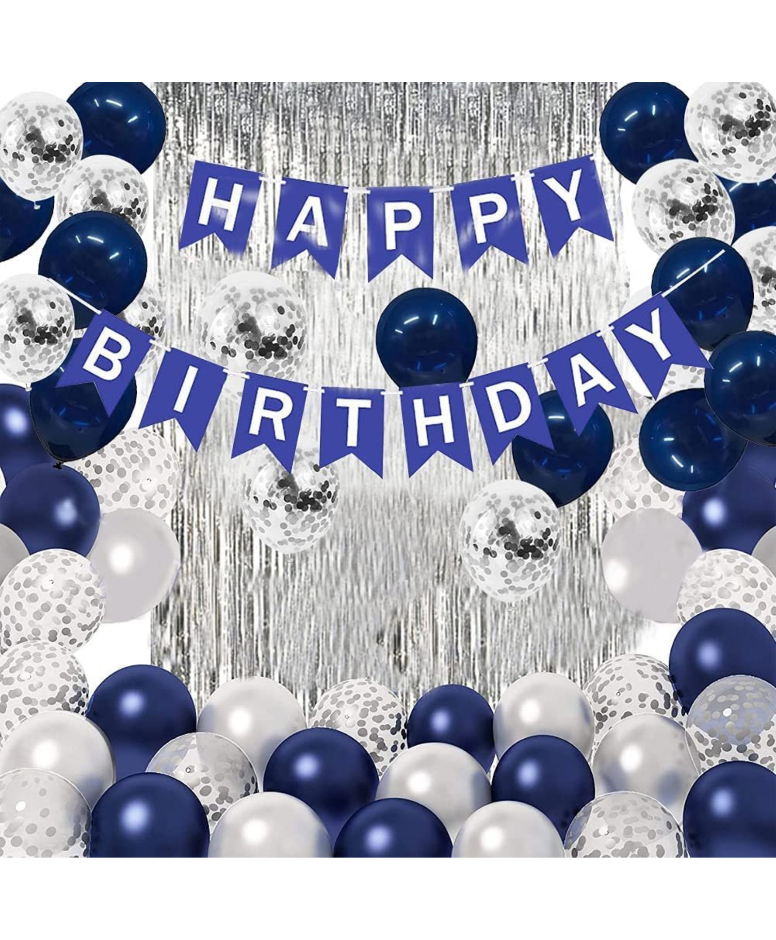 Surprise Decor Blue Birthday Decorations, Birthday Supplies, Birthday Banner, Blue White Silver Confetti Latex Balloons with 2 Foil Fringe Curtains, Birthday Decorations-image-28