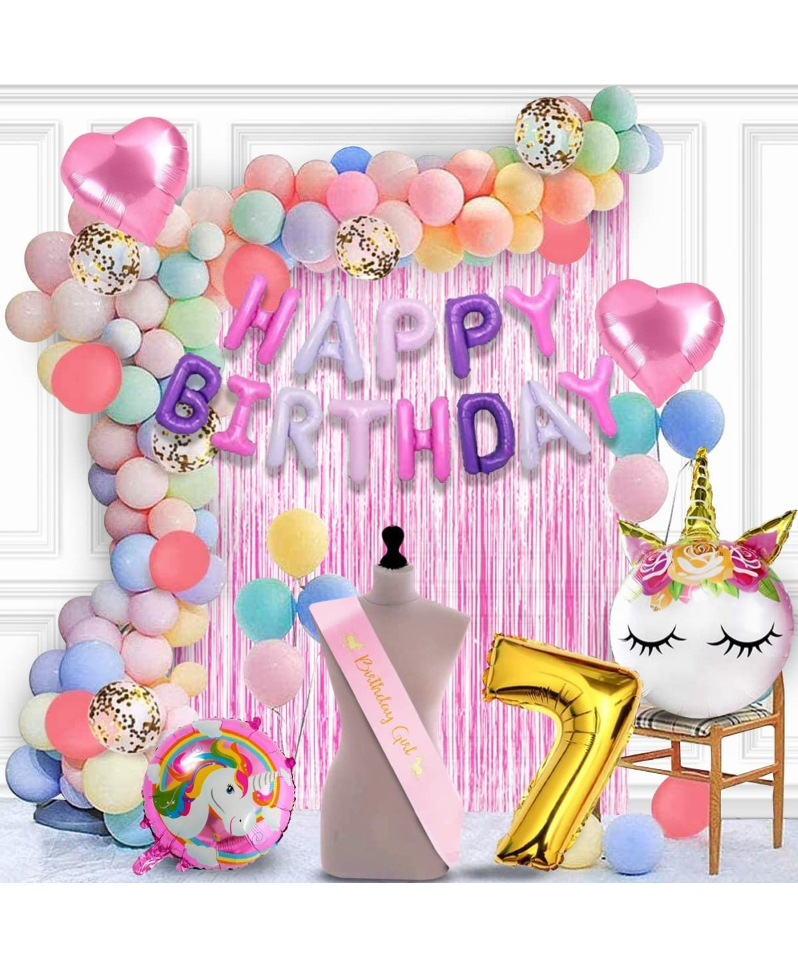 Surprise Decor Rubber Unicorn Theme Birthday Decorations Items Combo Set- 7Th Birthday 51Pcs Kit For Happy Birthday Decoration Kit For Girls / Unicorn Birthday Decorations 7 Year Baby ,Multicolor-picture-24