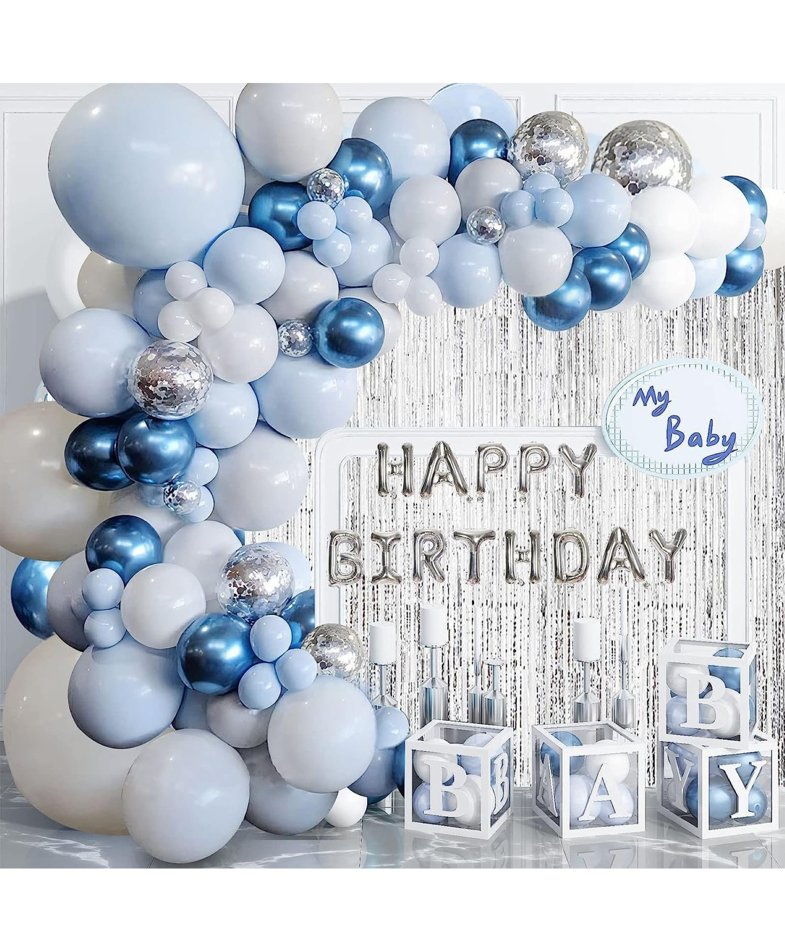 Surprise Decor 78PCS Blue Balloon Garland Arch Kit, Party Curtain Balloon Arch, Blue White And Silver Confetti Latex Balloons For Birthday Baby Party Wedding Party Background Decorations-image-49