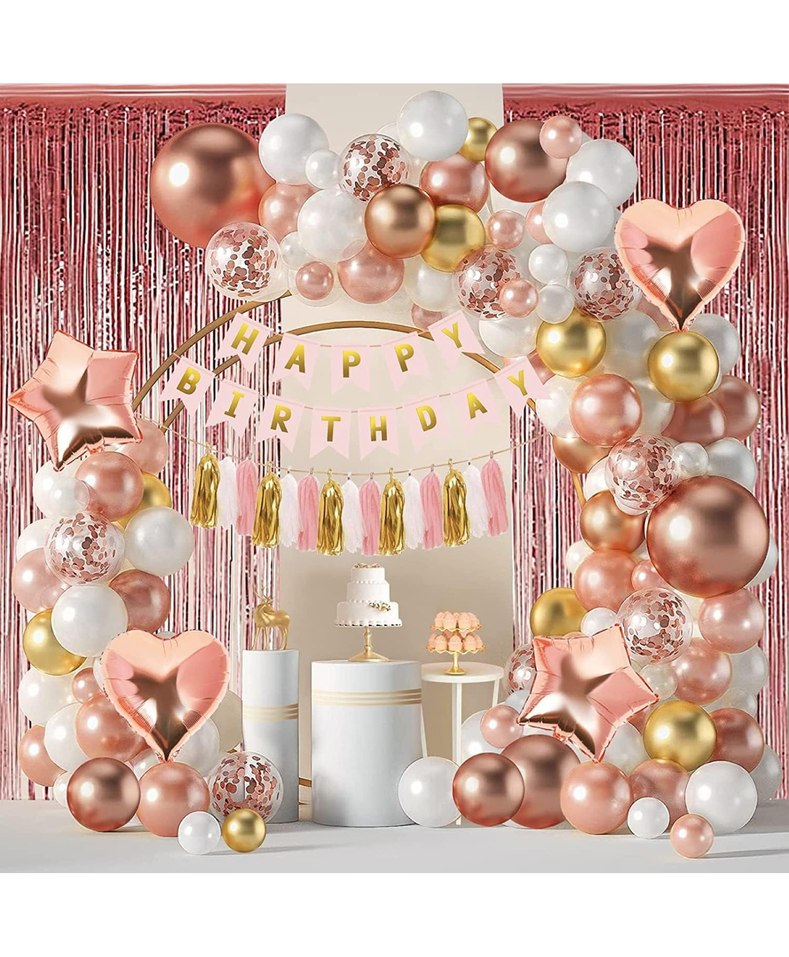 Surprise Decor Pink Rose Gold Balloons Garland Arch Kit, Birthday Party Decorations Set 12 18 Inch, Happy Birthday Banner, Fringe Curtains, Tassel Garland for Girls-image-7
