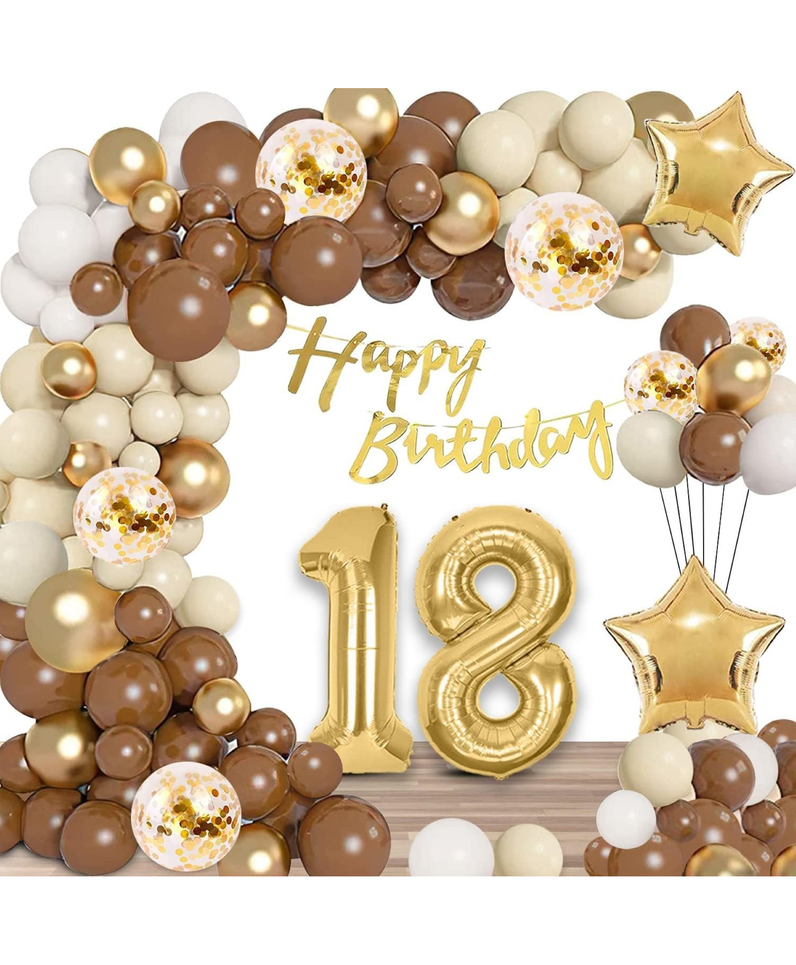 Surprise Decor 18th Birthday Decoration Kit , Boy or Girl, Decoration For 18 Year Old Girl Boy , Nude-White-Brown-Gold Garland With Birthday Banner And Star Balloons-image-15