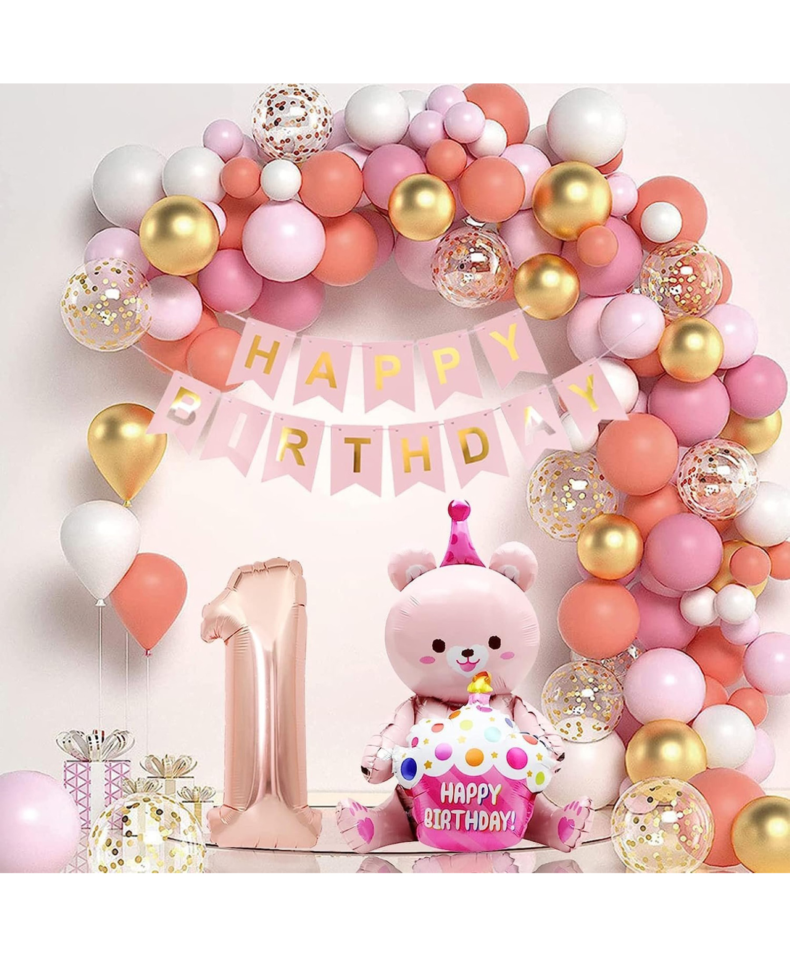 Surprise Decor 1st Birthday With Our Rose Gold Decor for Your Baby Girl: Celebrate with Pink, White Gold Balloons, & a Stunning 32" Large Rose Gold No.1 Foil Balloon-image-7