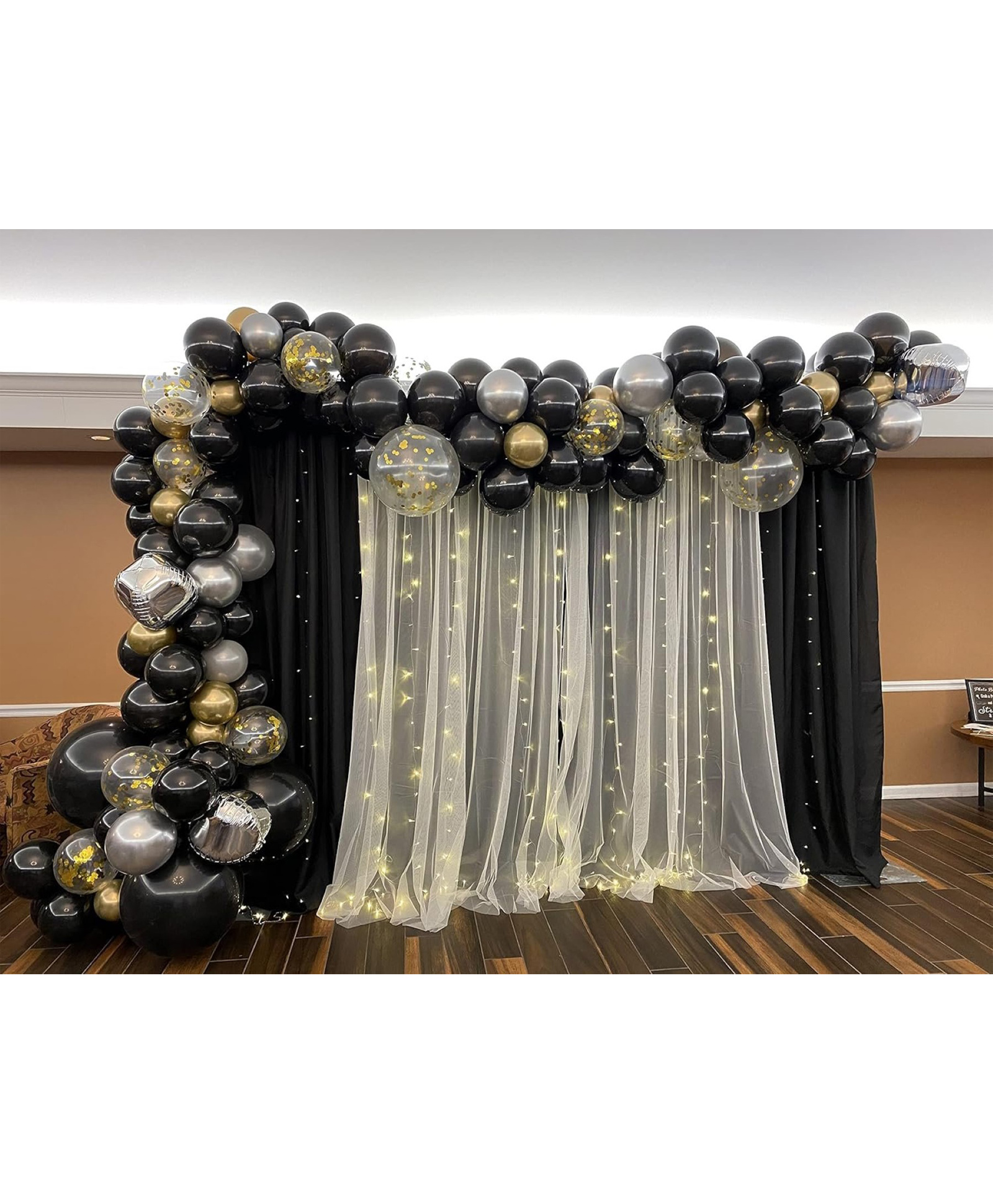 Surprise Decor 90 pcs Black Gold Silver Party Supplies with backdrop | Birthday Decorations for Girls Boys, Balloons, white Net Backdrop, Led light for Party Decoration (Black White gold) Size - 10ft X 5ft-image-37
