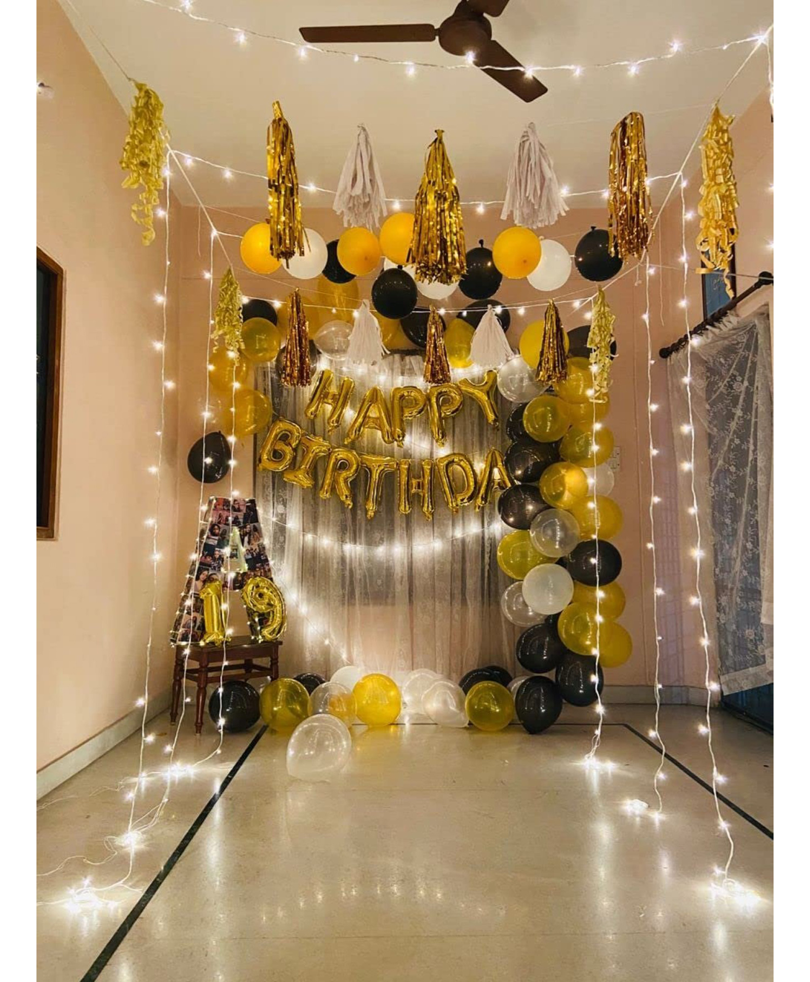 Surprise Decor 71Pcs Gold White Black Birthday Combo, Party Supplies Birthday Decorations For Girls Boys, Balloons, White Net Backdrop, Led Light For Party Decoration (Black Gold White) Size - 10Ft X 5Ft-picture-12