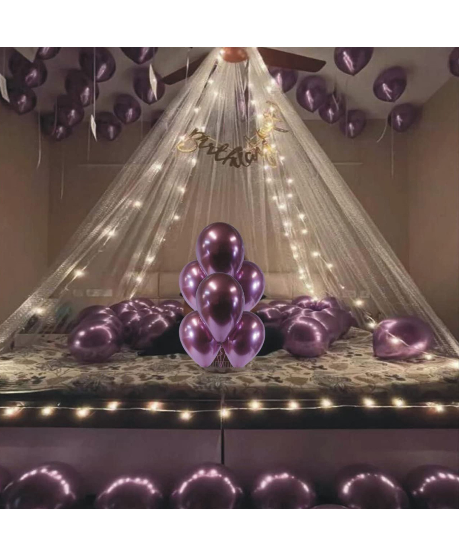 Surprise Decor 61pcs Chrome Purple with white net Party Supplies Birthday Decorations for Girls Boys, Balloons, Net Backdrop, Led light for Party Decoration (Purple White) Size - 10ft X 5ft-image-26