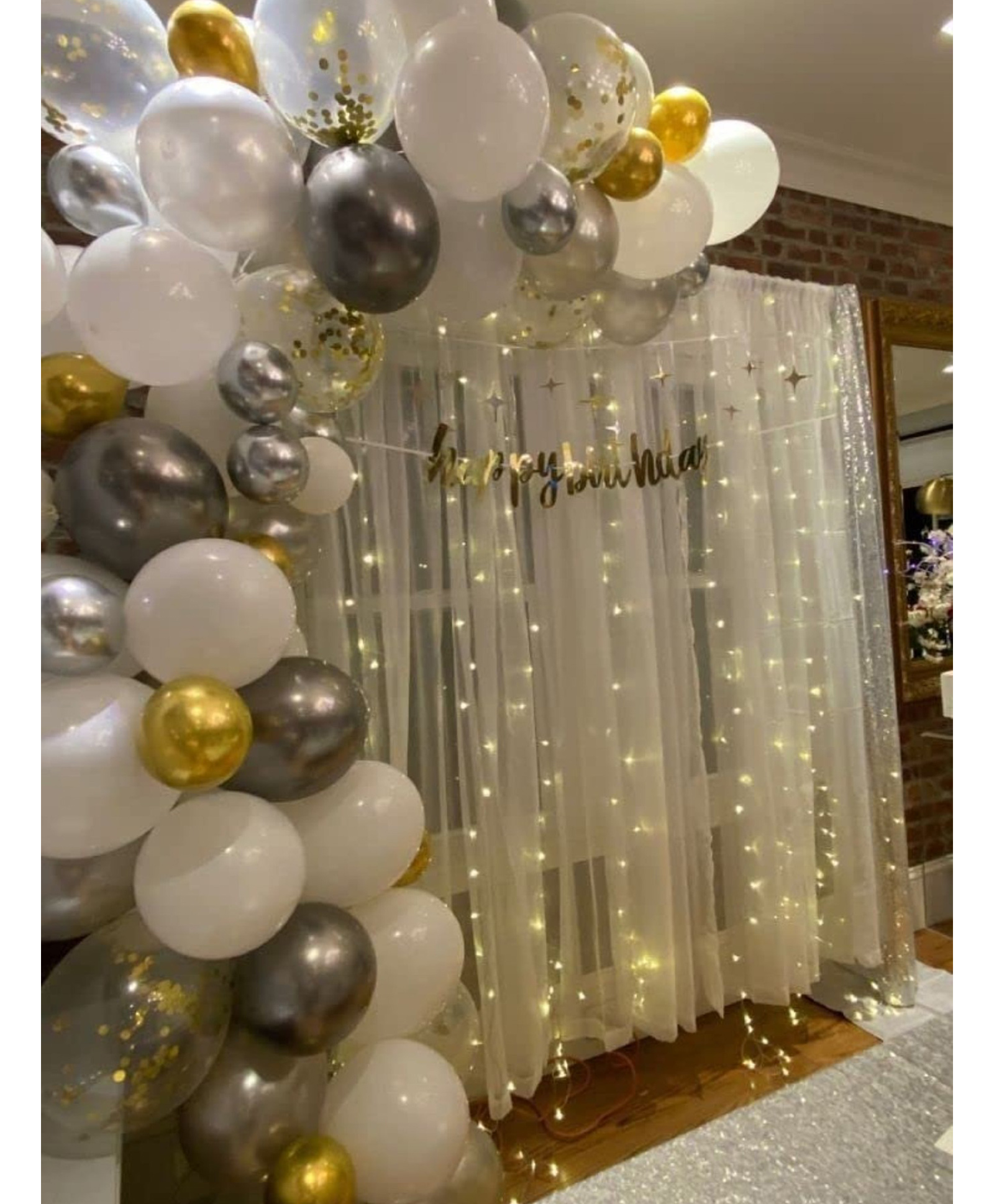 Surprise Decor 71pcs Silver Gold Party Supplies Birthday Decorations for Girls Boys, Balloons, Net Backdrop, Led light for Party Decoration (Silver White gold) Size - 10ft X 5ft-image-45