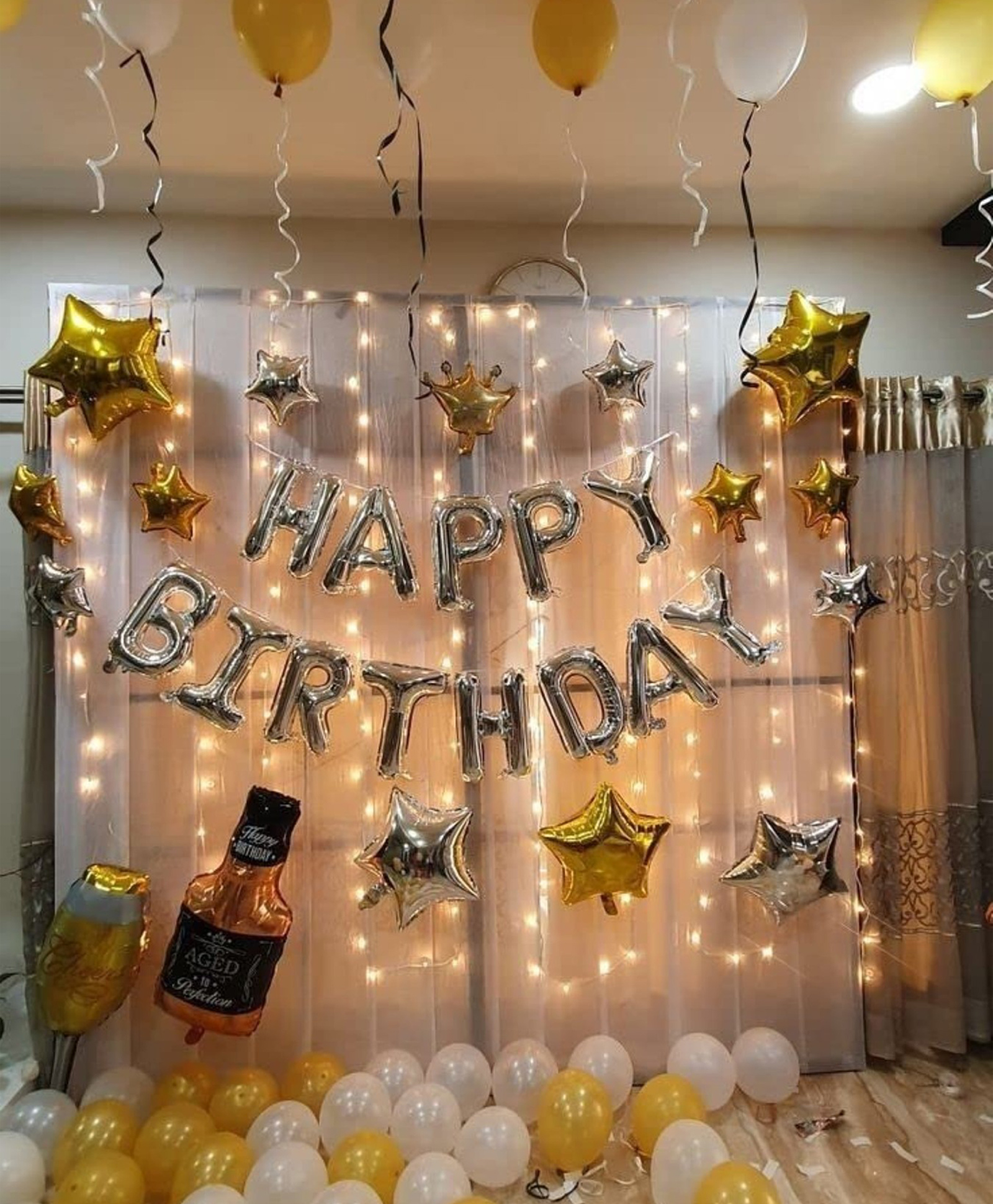 Surprise Decor 67pcs Silver Gold White Party Supplies with net backdrop for Birthday Decorations for Girls Boys, Balloons, Net Backdrop, Led light for Party Decoration (Silver gold White) Size - 10ft X 5ft-image-39