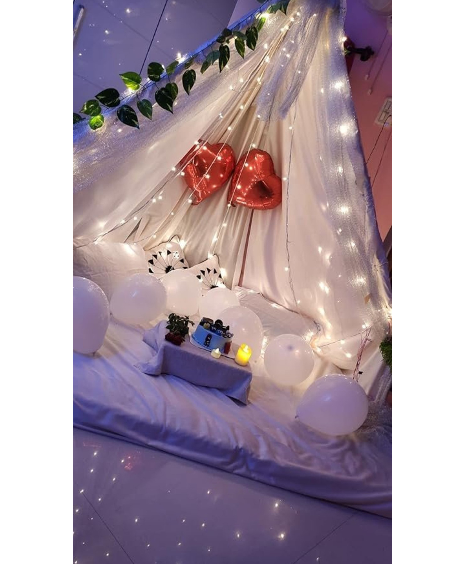 Surprise Decor 34Pcs White Red Foil Balloon with Green Leaf String for Decoration | Party Supplies Birthday Decorations for Girls Boys, Balloons, Net Backdrop, Led Light for Party Decoration (White Gold Red) Size - 10Ft X 5Ft-image-34