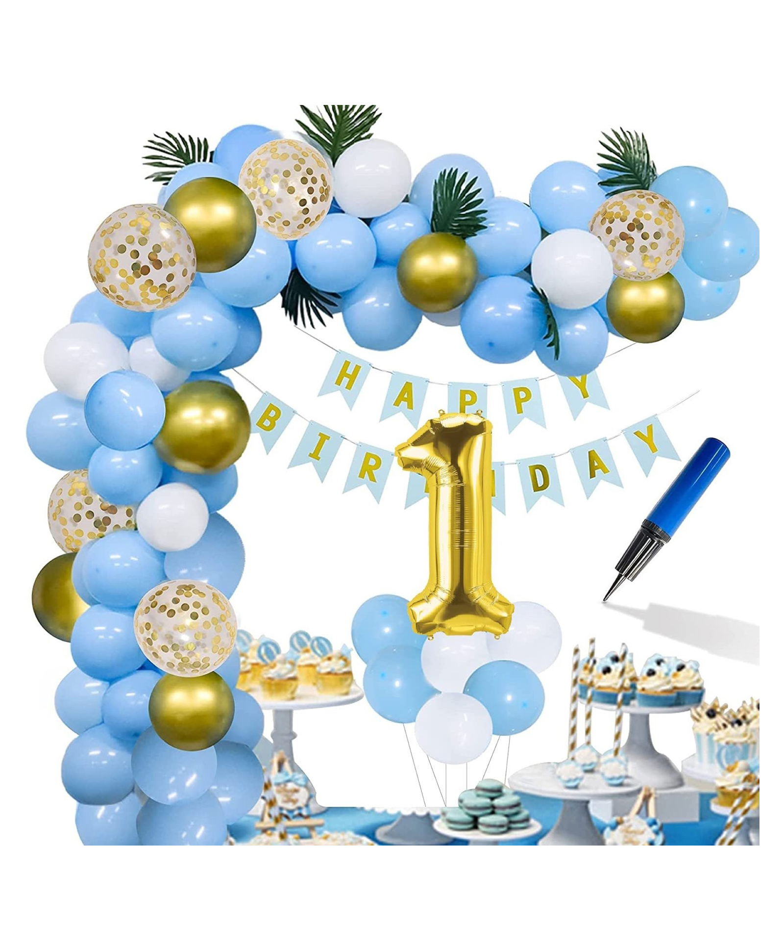 Surprise Decor 1st Birthday Decorations - Blue Decorations Set Including Air Pump, Aluminum Foil Paper No.1 Balloon, Gold Confetti Balloons, Gold Balloons - Pink-picture-19