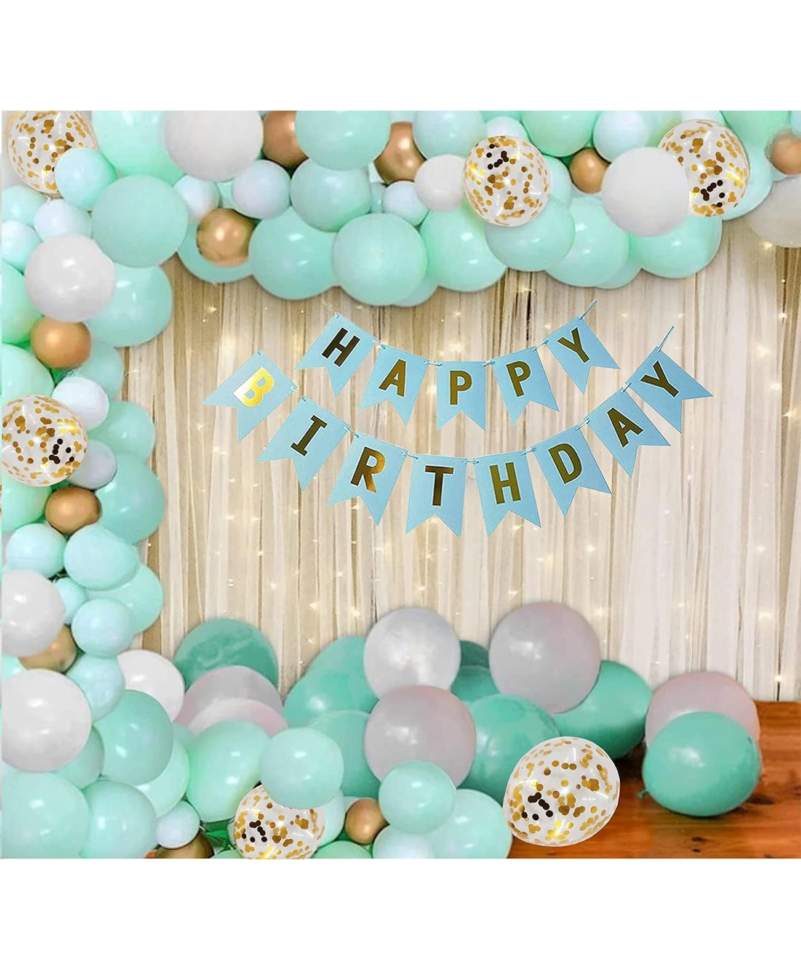 Surprise Decor Happy Birthday Mint Green Balloons Arch Banner Net Curtain LED Light Back Drop Decoration Set of 101 Pcs-image-39