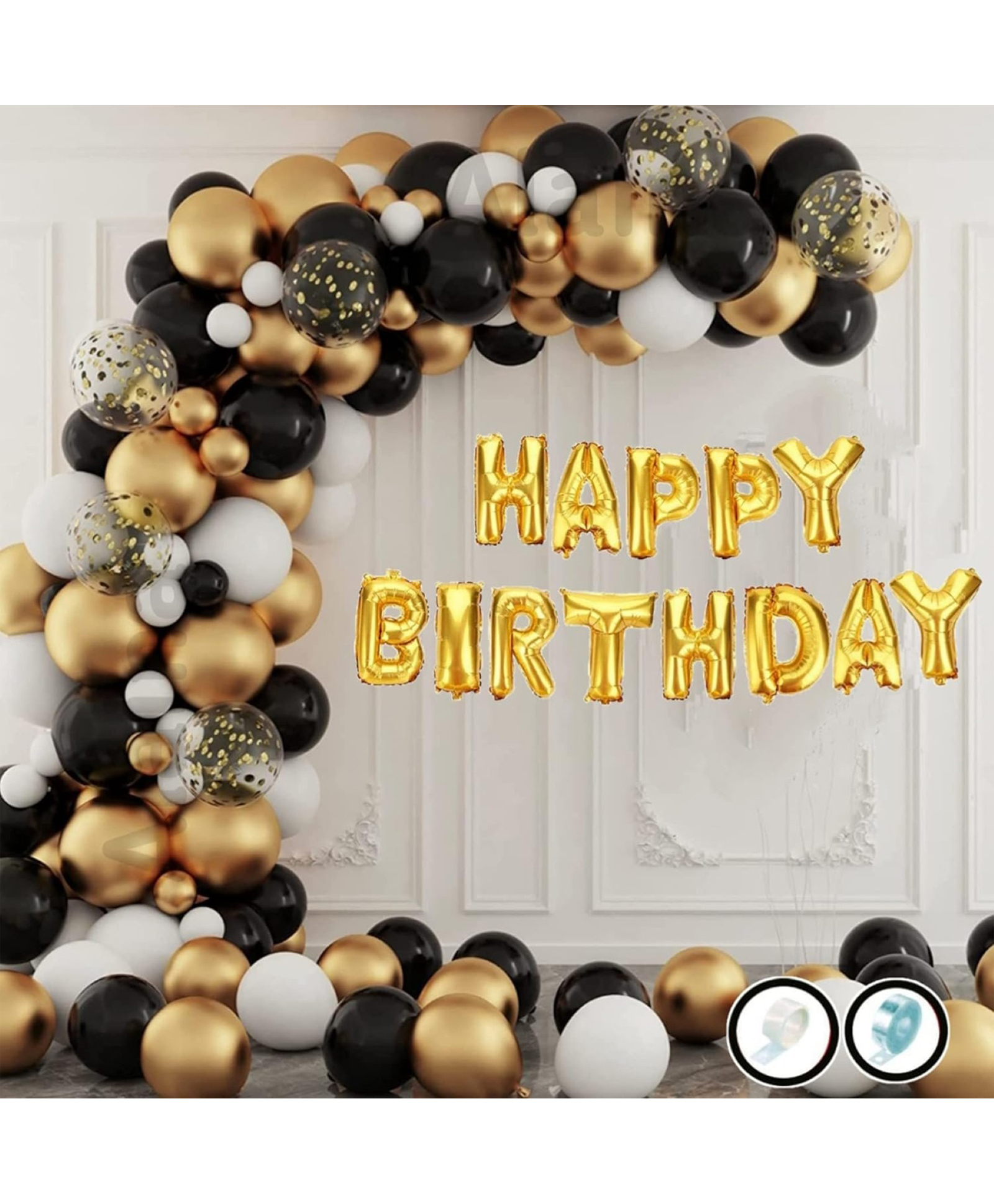 Surprise Decor Birthday Decoration Items - 68 Pcs Birthday Decoration Kit - Happy Birthday Foil Balloons, Golden Confetti Balloons, Golden Chrome Balloons, Metallic Balloons, Arch Strip, Glue Dot Strip-image-19