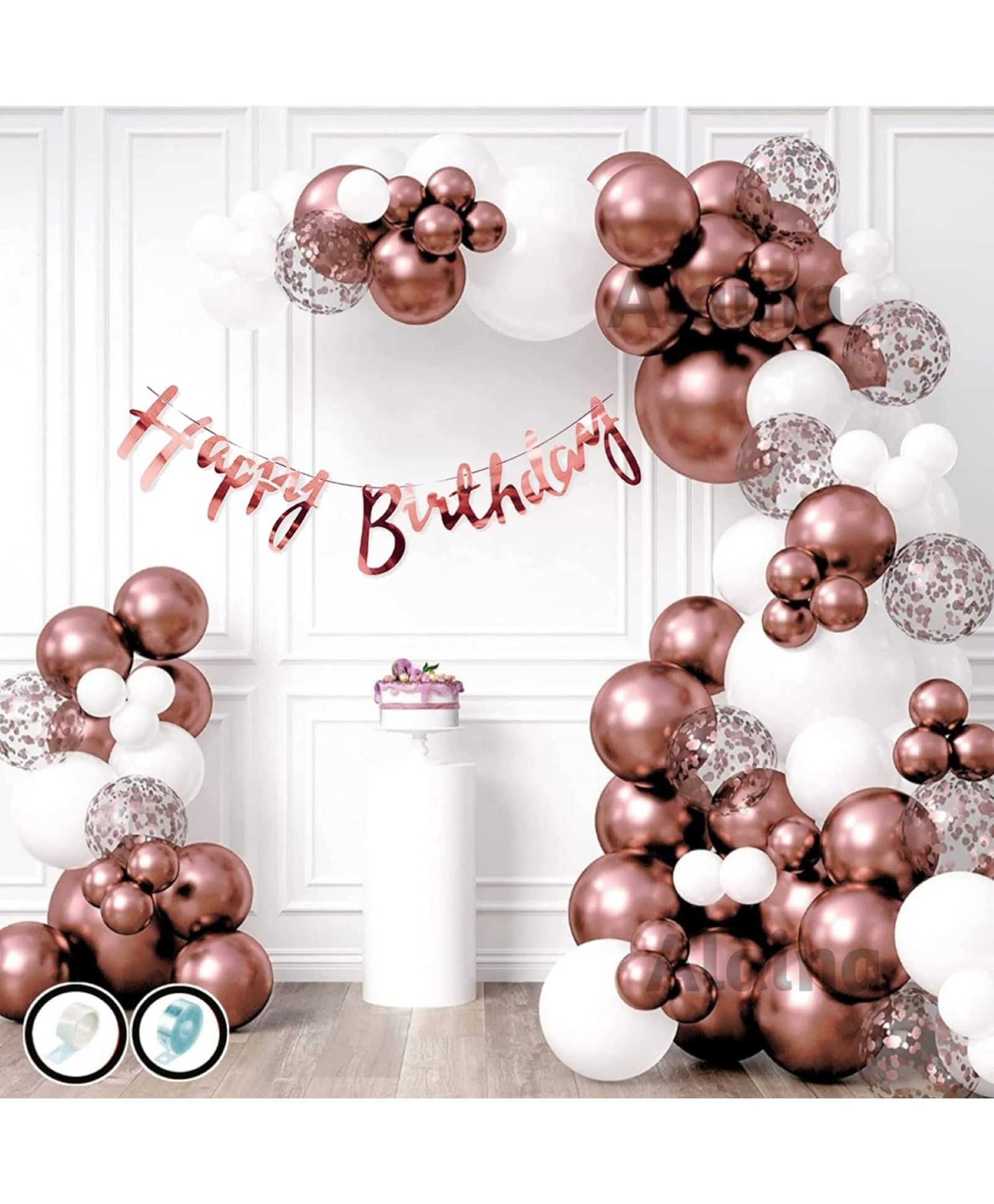 Surprise Decor Birthday Decoration Items - 63 Pcs Birthday Decoration Kit - Happy Birthday Cursive Banner, Rose Gold Cofetti Balloons, Rose Gold Chrome Balloons, Metallic Balloons, Arch Strip, Glue Dot Strip-picture-37