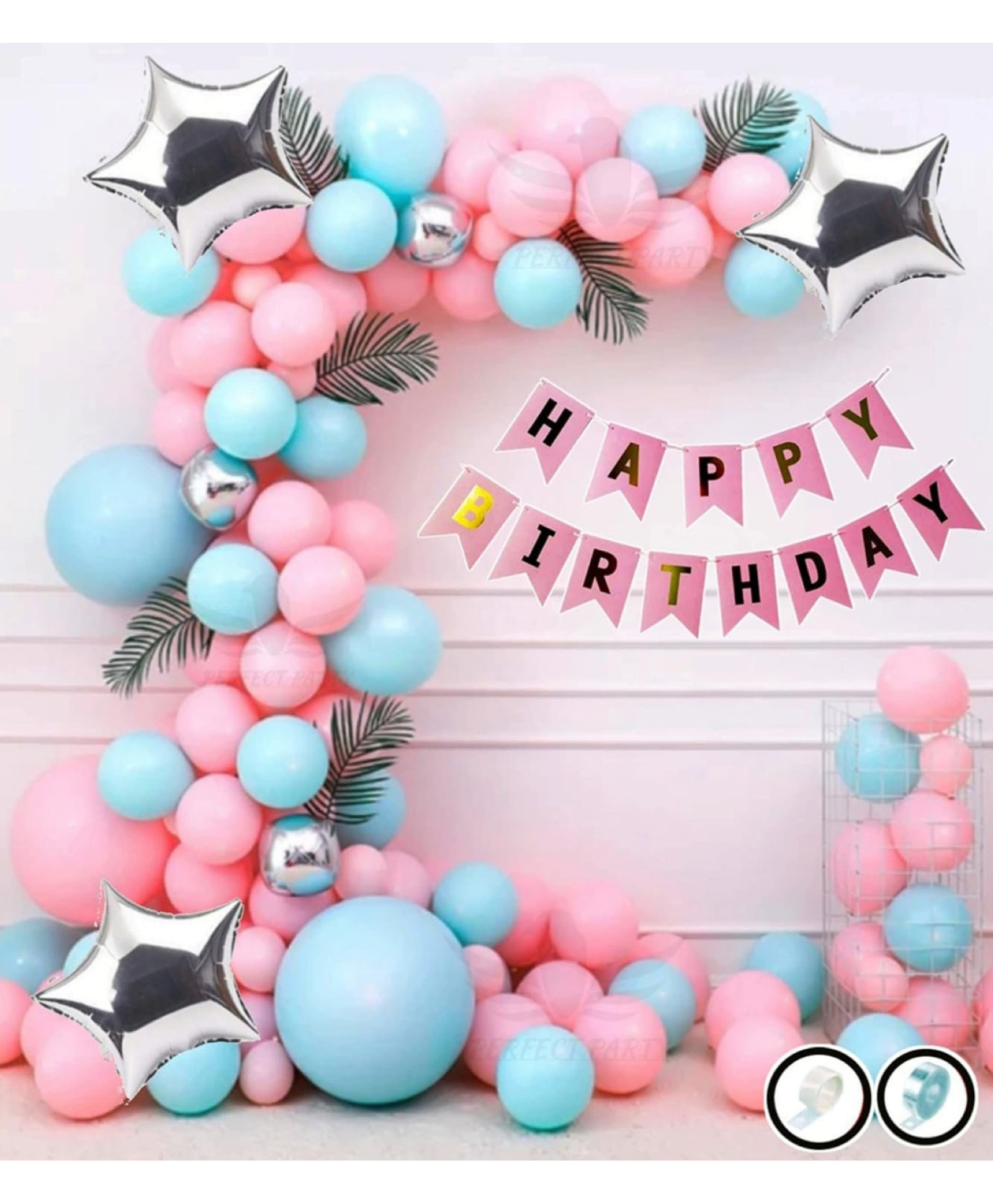 Surprise Decor Birthday Decoration Items - 61 Pcs Birthday Decoration Kit - Happy Birthday Banner, Silver Stars, Silver Chrome Balloons, Pastel Balloons, Arch Strip, Glue Dot Strip-picture-36