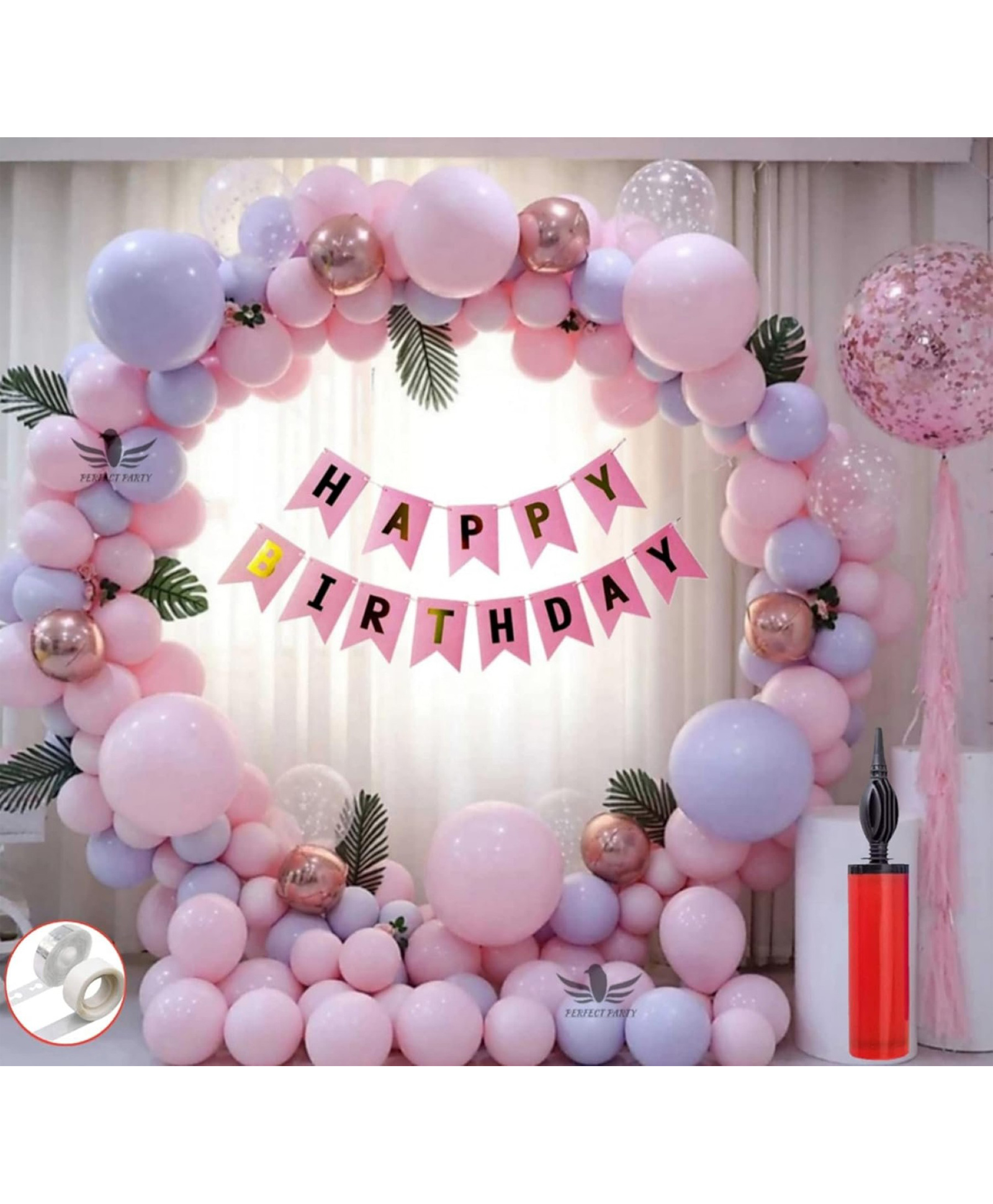 Surprise Decor Birthday Decoration 76 Pcs Combo Pack for Girls - Happy Birthday Cursive Banner, Confetti Balloons, Chrome Balloons, Pastel Balloons, Arch Strip, Glue Dot Strip, Balloons Pump-image-35