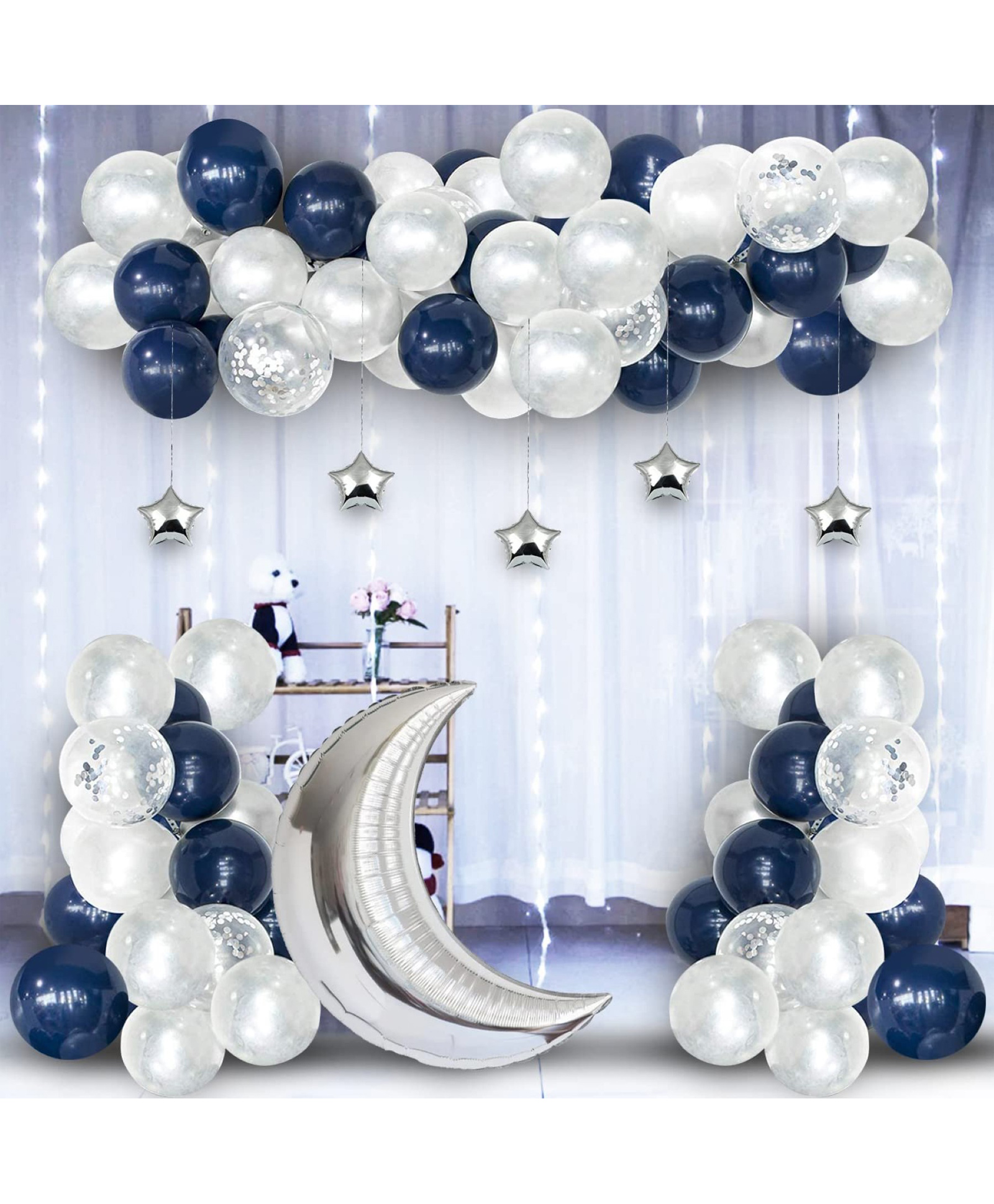 Surprise Decor Rubber Happy Birthday Decoration Items - White And Blue Balloons Pack Of 43 For Kids Birthday Decorations|Blue Balloons For Decoration|Moon And Stars Decoration|Welcome Home Decoration-picture-39