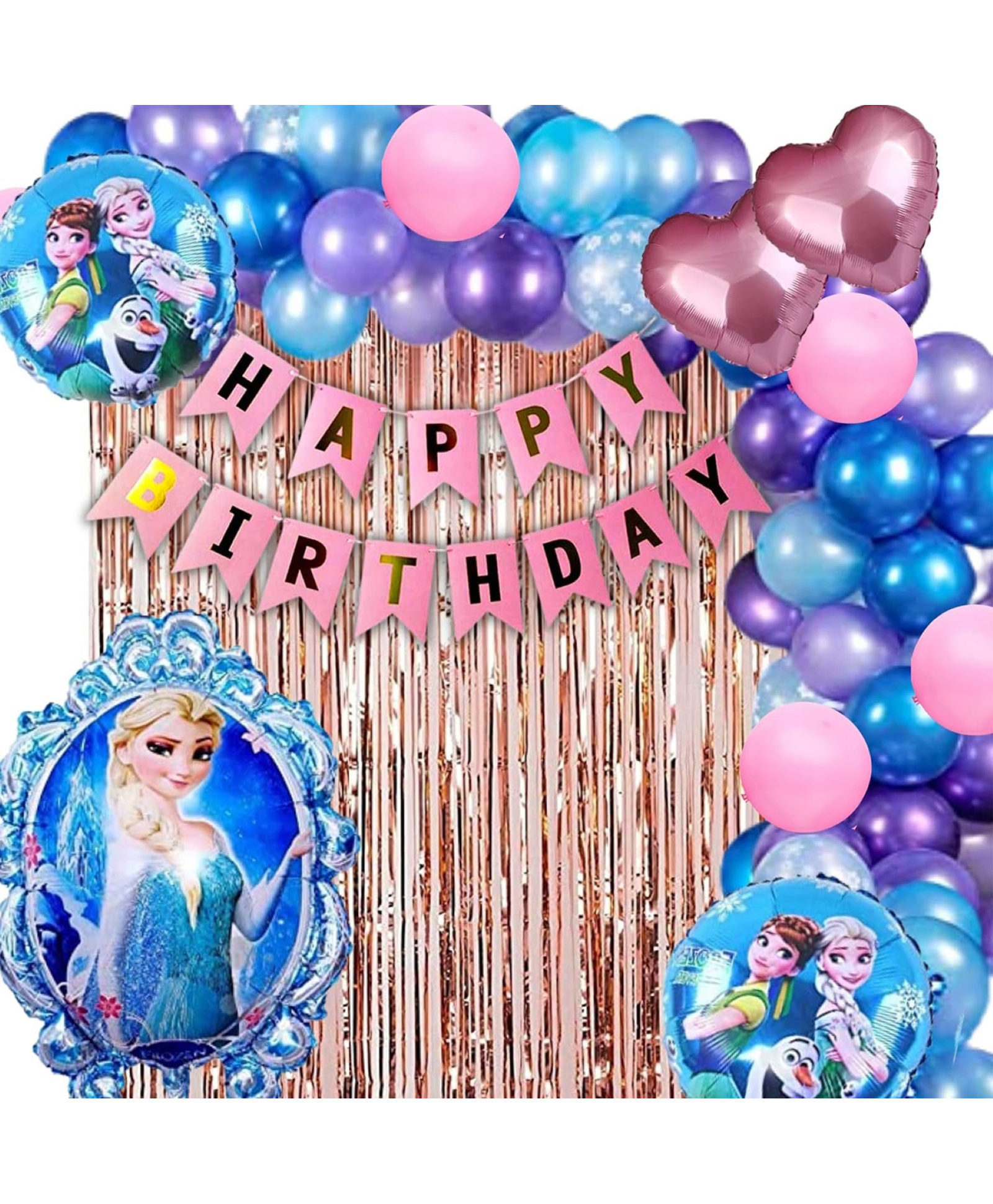 Surprise Decor Frozen Theme Birthday Decoration Set of 68pc for Girls- 5pc Princess Elsa Foil Balloon, 60pc Multicolor Balloons, 2 pc Rose Gold Curtains, 1 Banner ( Elsa Princess Theme Birthday Decoration)-image-32