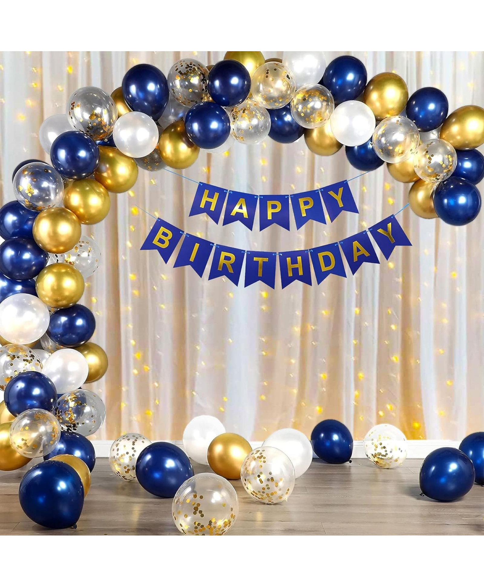 Surprise Decor Blue White & Golden Birthday Decoration Kit Combo with Net Curtain & light. || Balloons for Birthday Decorations || Birthday Decorations Items for Wife ( Pack of 47 )-image-37