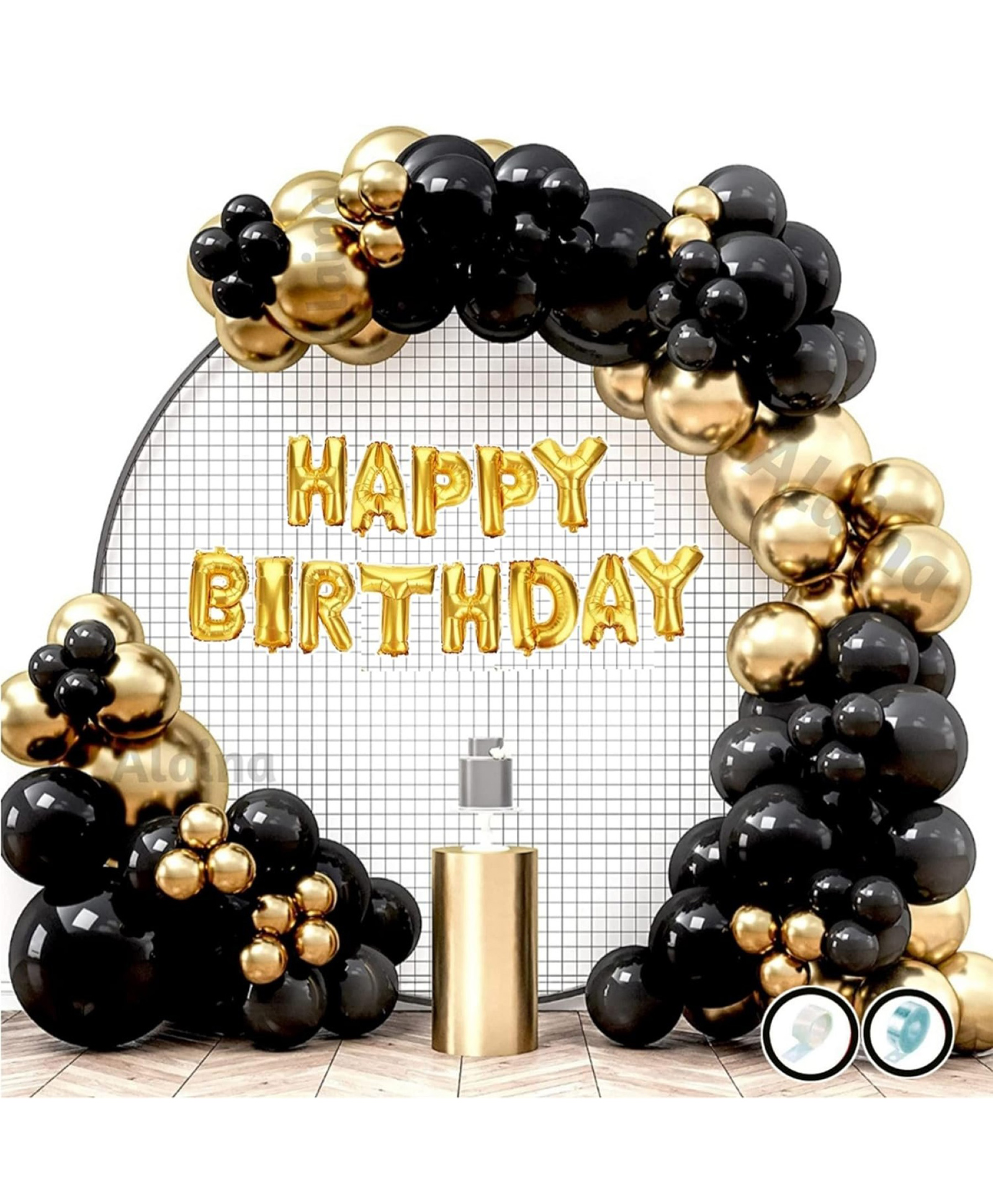 Surprise Decor Birthday Decoration Items 63 Pcs Decoration Kit for Boys Husband Kids - Happy Birthday Foil Balloons, Golden Chrome Balloons, Black Metallic Balloons, Arch Strip, Glue Dot Strip-picture-7