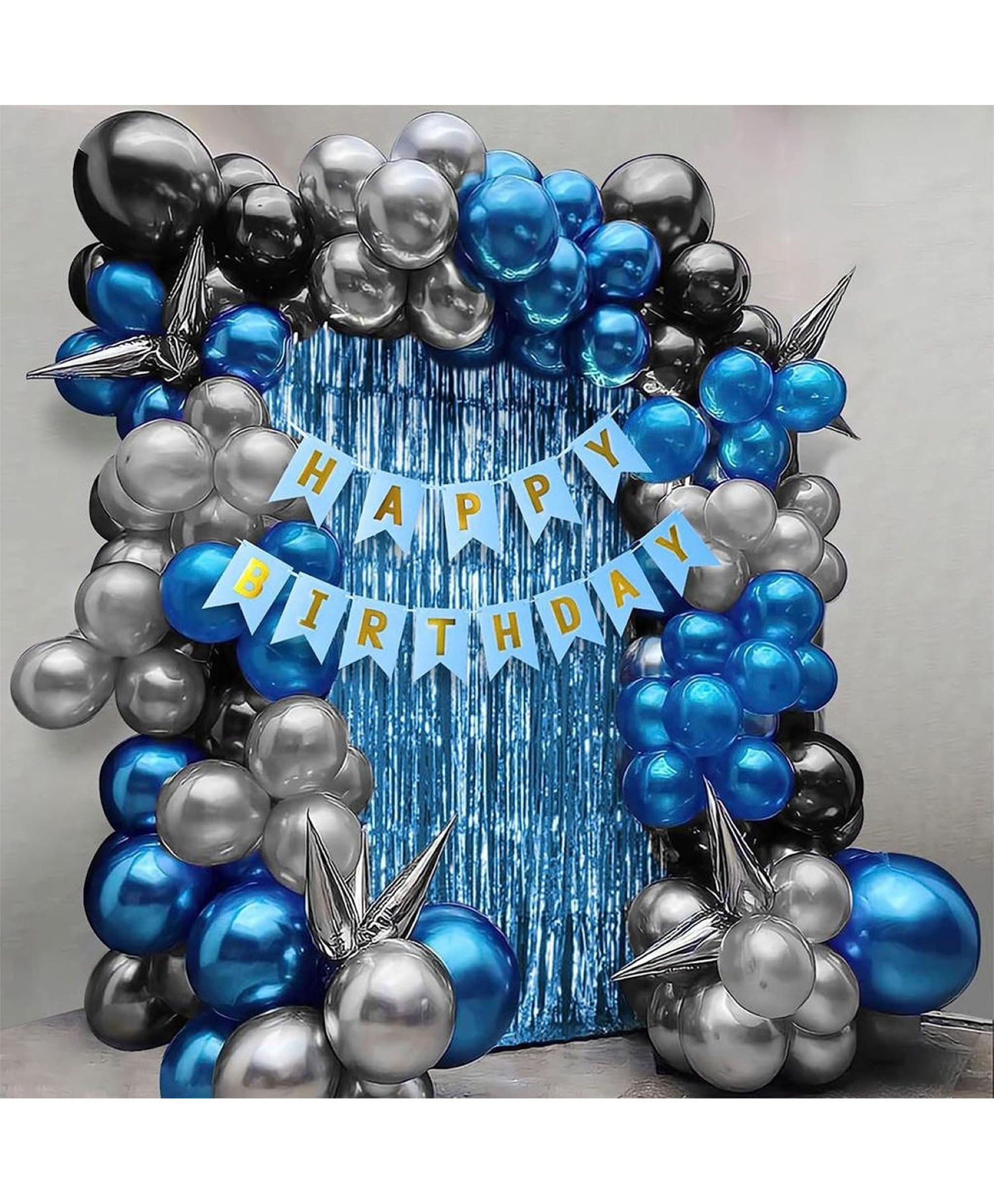 Surprise Decor Set of 60 Pcs - 15 Blue 15 Silver & 15 Black Metallic Balloons, Blue Happy Birthday Banner, 2 Blue Curtains Theme Backdrop-image-45