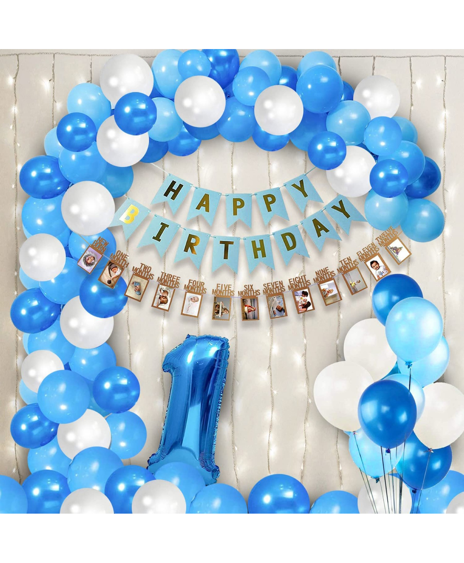 Surprise Decor 1st Birthday Decoration Items Combo- Set of 56 Pcs | 12 Months Photo Banner(cardstock) for Birthday | Blue Birthday Decoration with Led Light | Balloons for Decoration-image-42