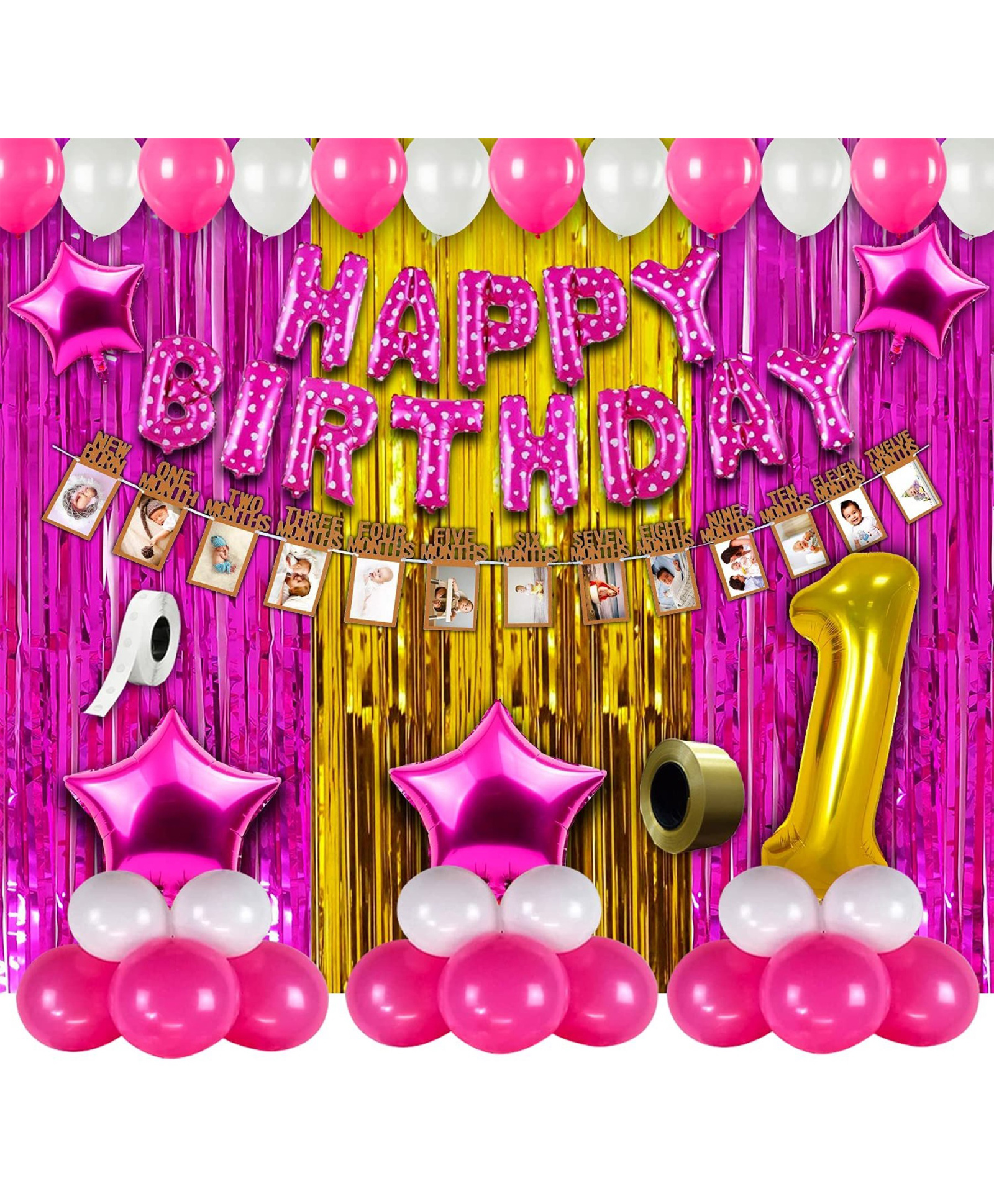 Surprise Decor Girls First Birthday Decorations Items Combo 63Pcs for Baby Girl 1st Bday Decor/Photo Booth Backdrop Decoration materials/1st Birth Day Party Décor/Stylish Latest Pink White Birthday Set-image-41