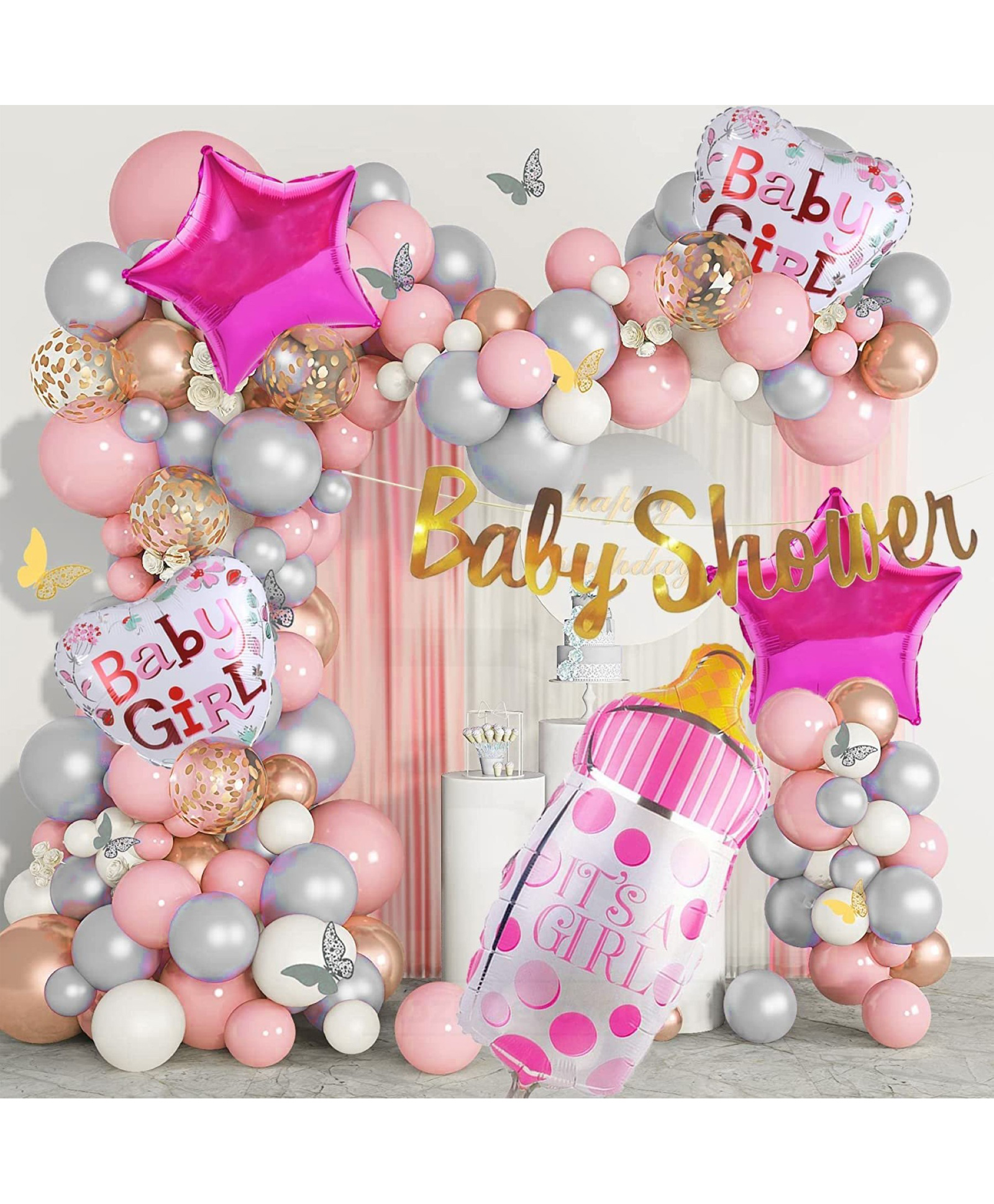 Surprise Decor Baby Shower Decorations Items Set Contains Baby Shower Banner, Bottle, Heart & Star Foil Balloons, 50 Latex & 3 Confetti Balloons, Arch & Glue Dots Mom To Be Decoration Items-image-47