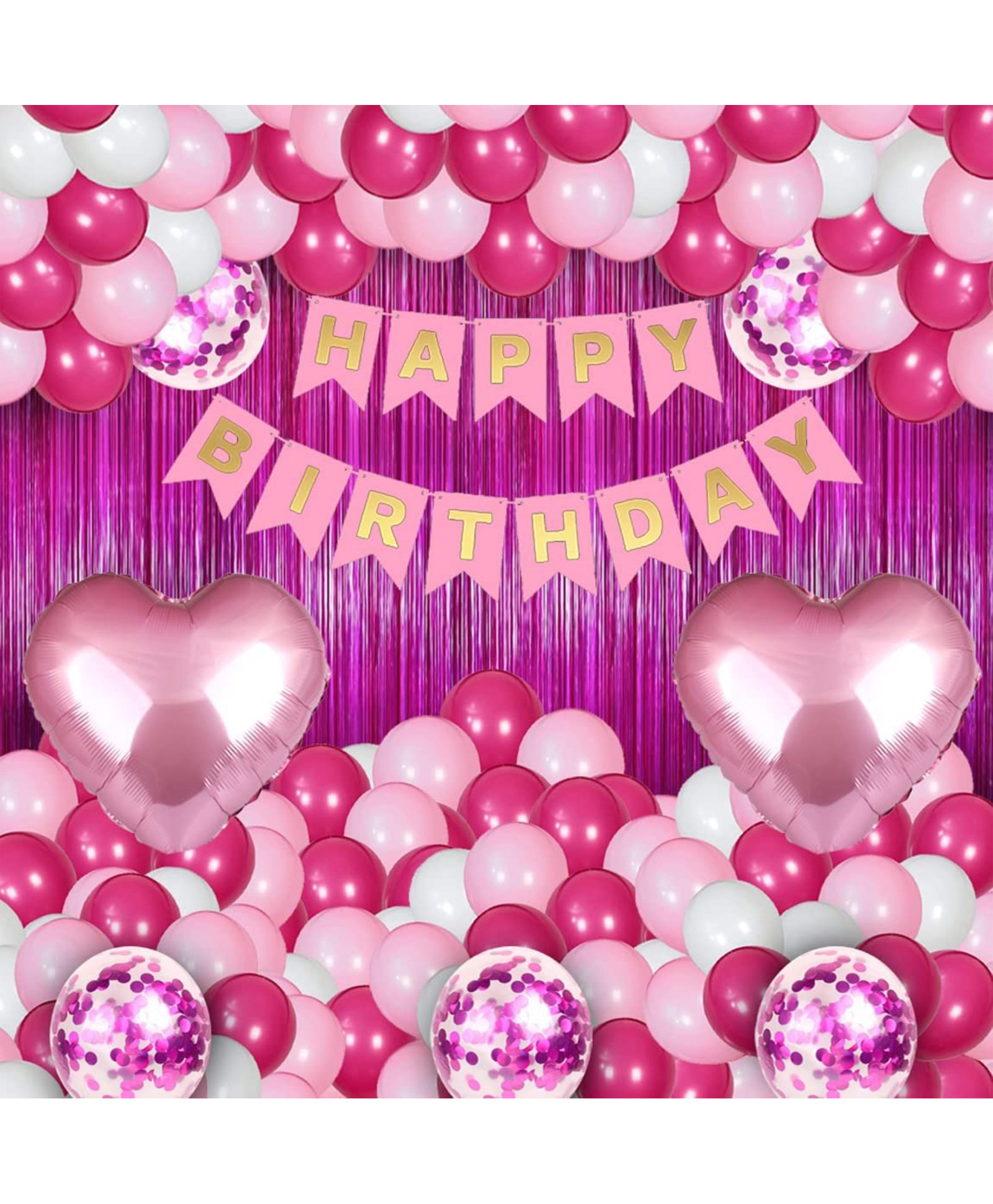 Surprise Decor Happy Birthday Party Decoration Combo Set Contains Banner, Confetti Metallic Balloons, Foil Fringe Curtain | Pink Theme Pack of 33 Pcs-image-29