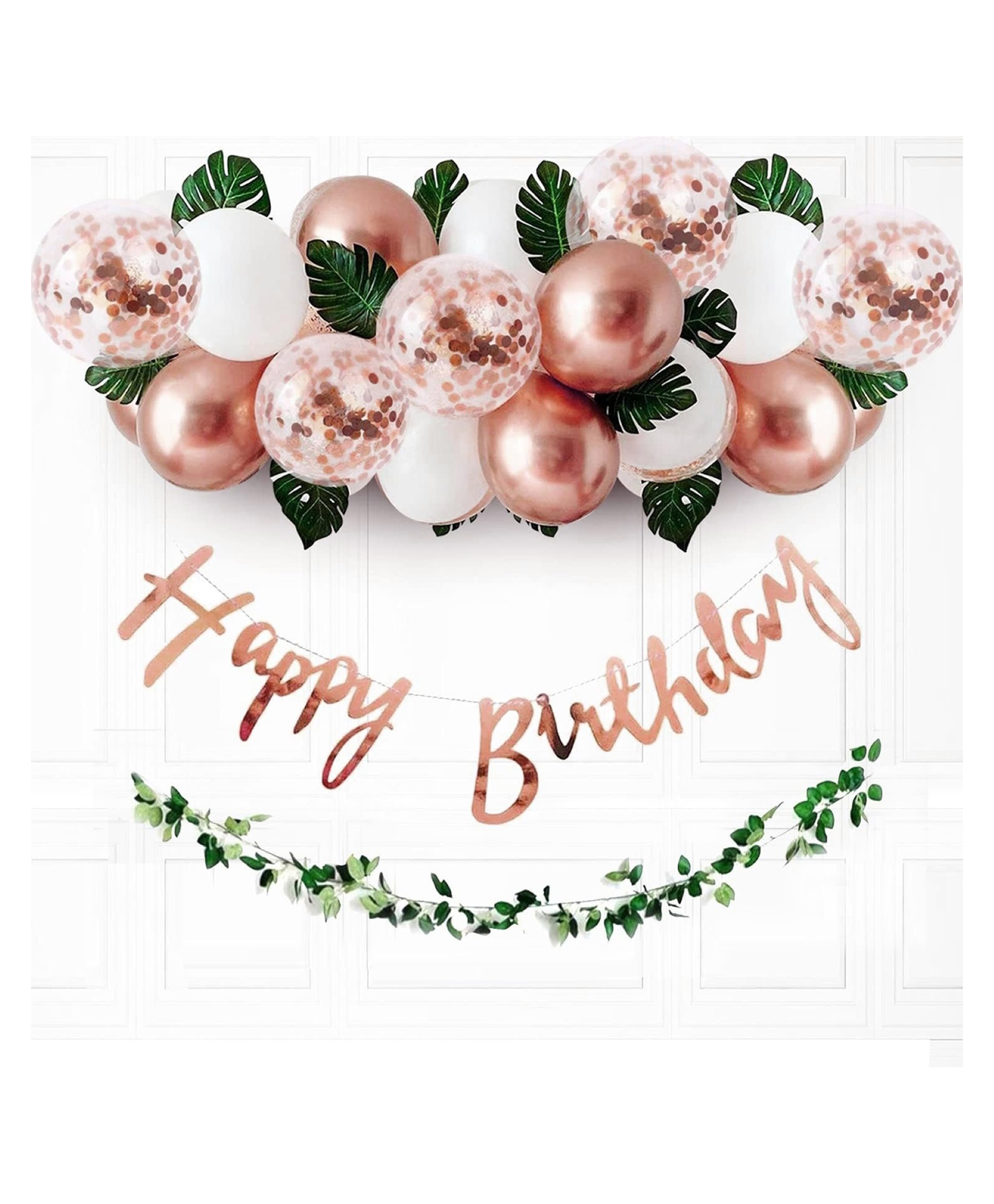Surprise Decor Rose Gold Birthday Decoration Items -37Pcs Birthday Decorations Kit With Balloons & Artificial Leaves |Rose Gold Confetti Balloons for Birthday| Birthday Banner for Decorations (Cardstock)-image-40