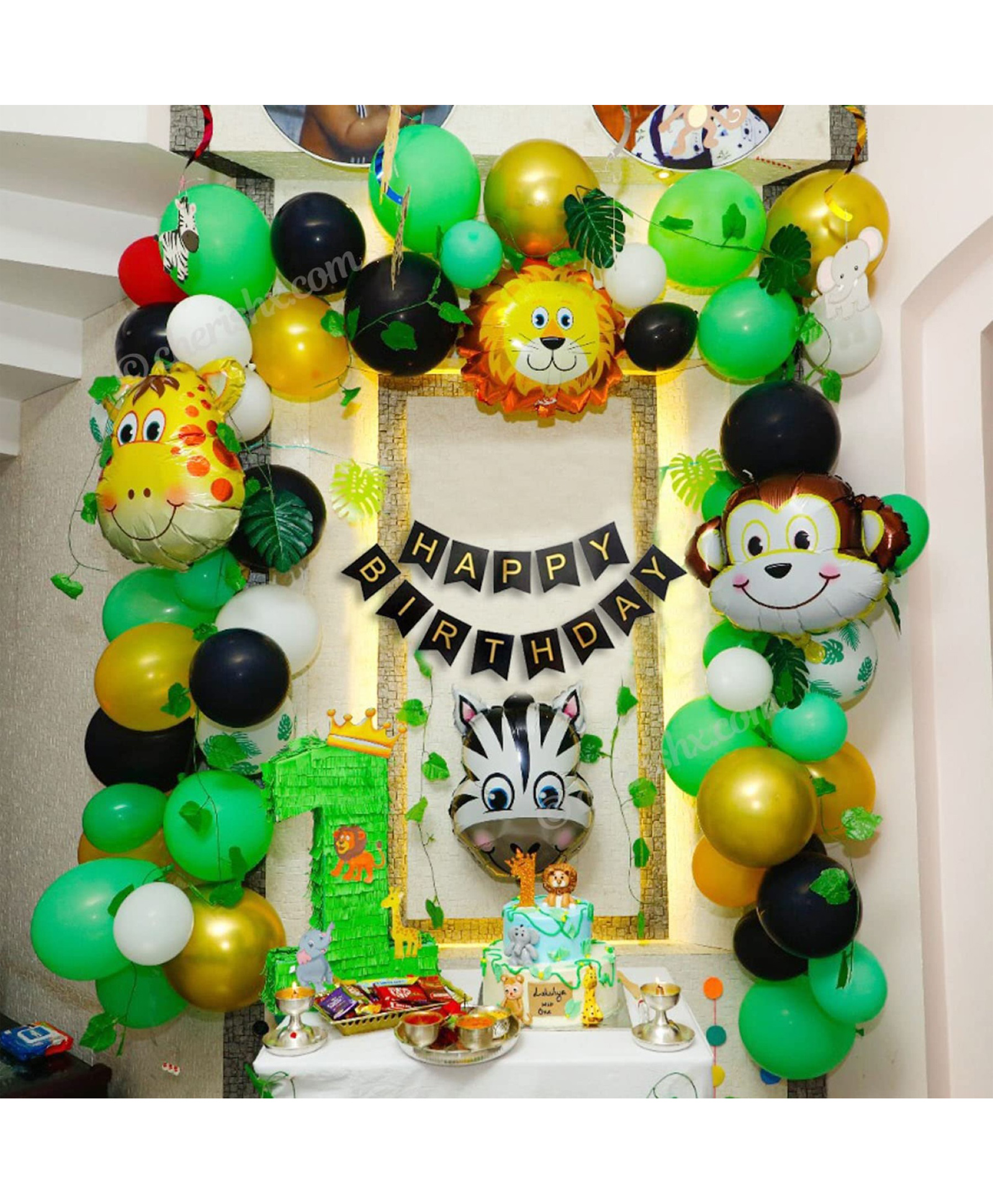 Surprise Decor Jungle Theme Party Decoration Items for Kids Birthday - Pack of 42 Pcs - Bunting, Artificial Leaf, Animal Face Foil Balloons - Decorating Items Birthday Party for Boy or Girl(Green)-picture-41