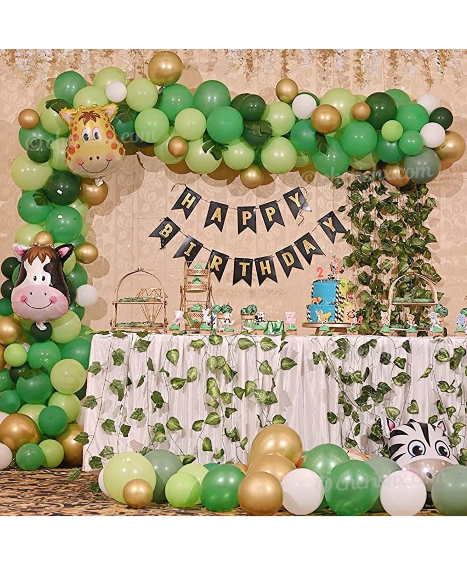Surprise Decor Theme Birthday Party Decorations For Kids, 85 Pcs Combo, Bunting Animal Face Shape Foil, Artificial Leaf, Arch Tape, Jungle Theme Birthday Decoration For Boy Or Girl, Multicolor-picture-32