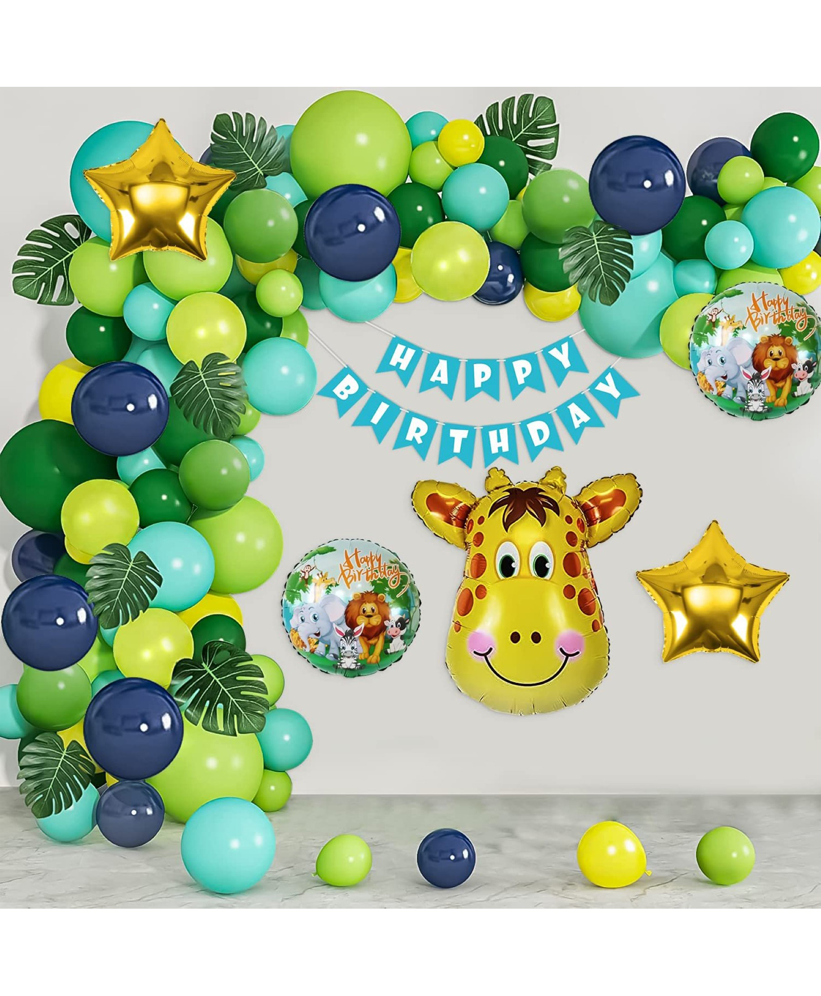 Surprise Decor Birthday Decoration Kit with Jungle Theme Decoration Items for boy with dark green navy blue, green, sky blue & yellow balloons with animal foil balloon & artificial leaves set- 59 pcs-picture-30