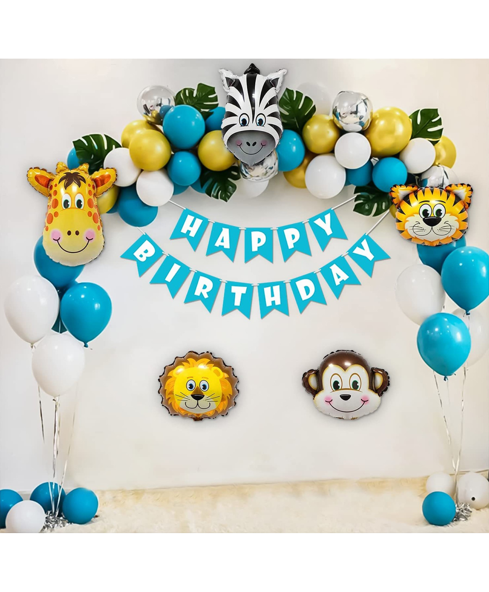 Surprise Decor Jungle Theme Birthday Decoration Items for Kids Party Decor with Animal Foil Balloons, Palm Leaves, HBD Banner, Gold Metallic, Silver Chrome, Blue & White Balloons- Set of 60pcs-picture-31