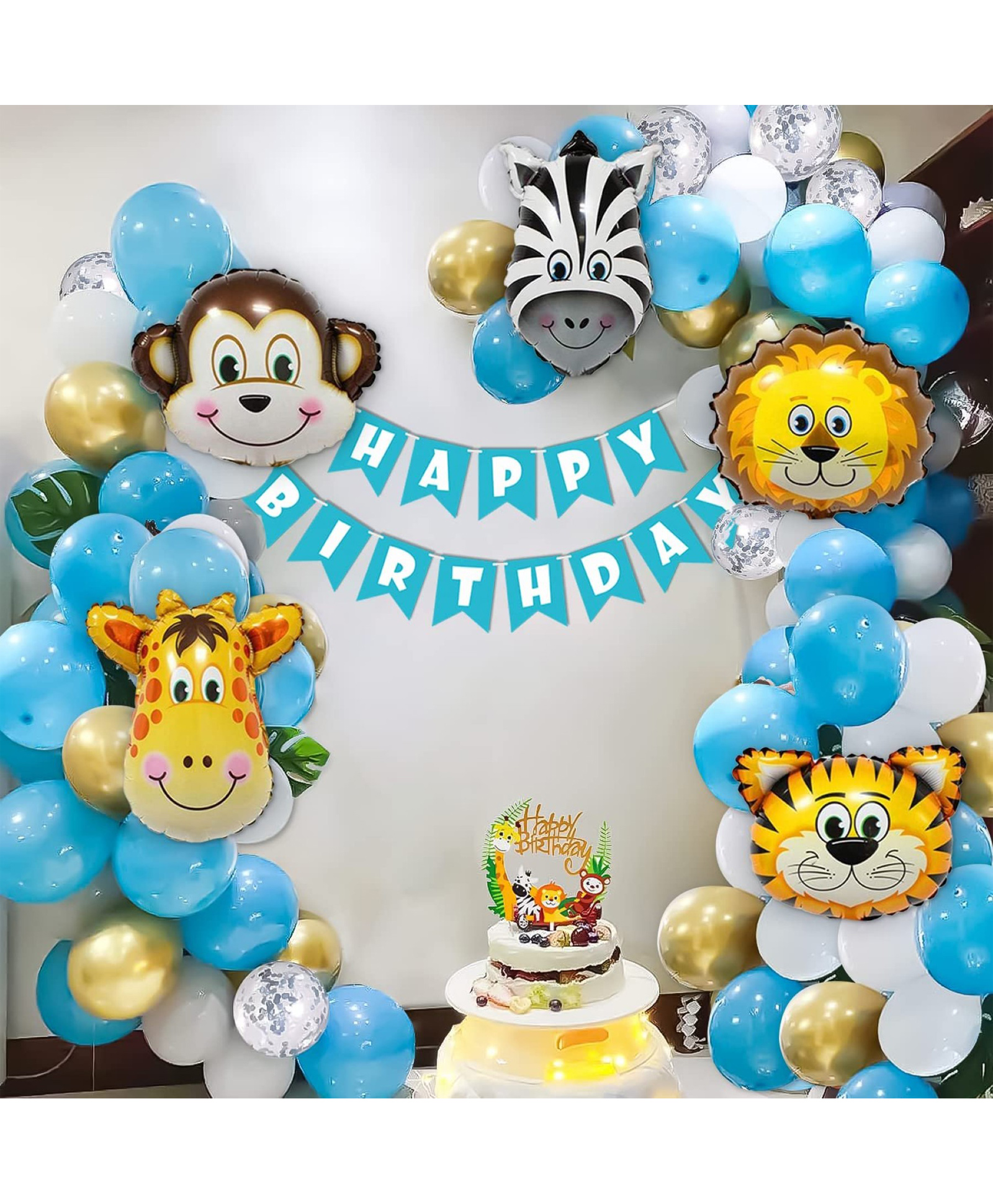 Surprise Decor Jungle Theme Birthday Decoration for boys with animal faces foil balloons, Balloon set, Happy Birthday banner & green leaves forest safari party backdrop - pack of 69 Items-picture-13