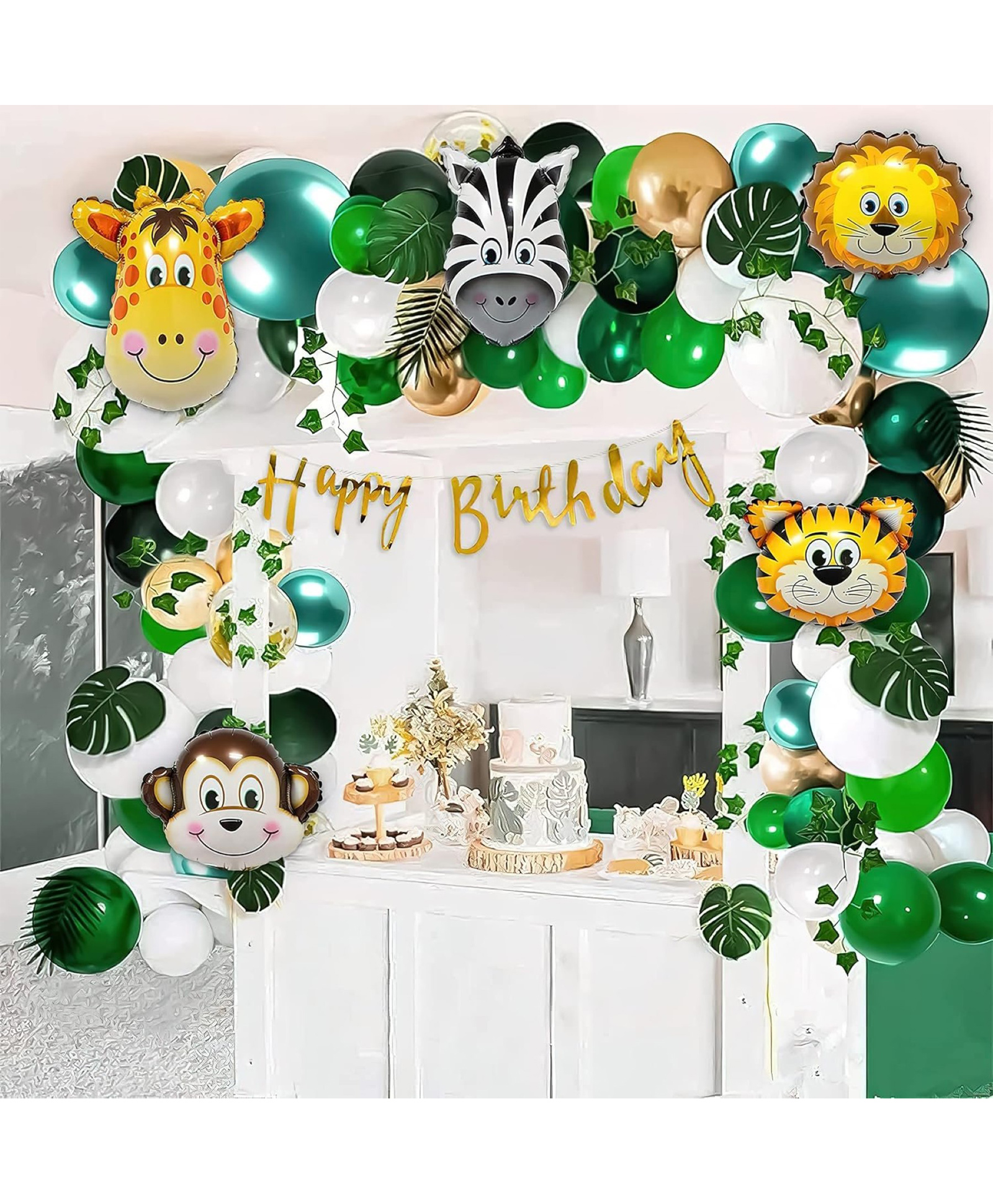Surprise Decor Jungle theme birthday decoration items for kids includes Dark Green, White, Pastel Green, Gold Balloons with Animal Foil balloons, Artificial Green Leaves & green vines- 70 Items-picture-25