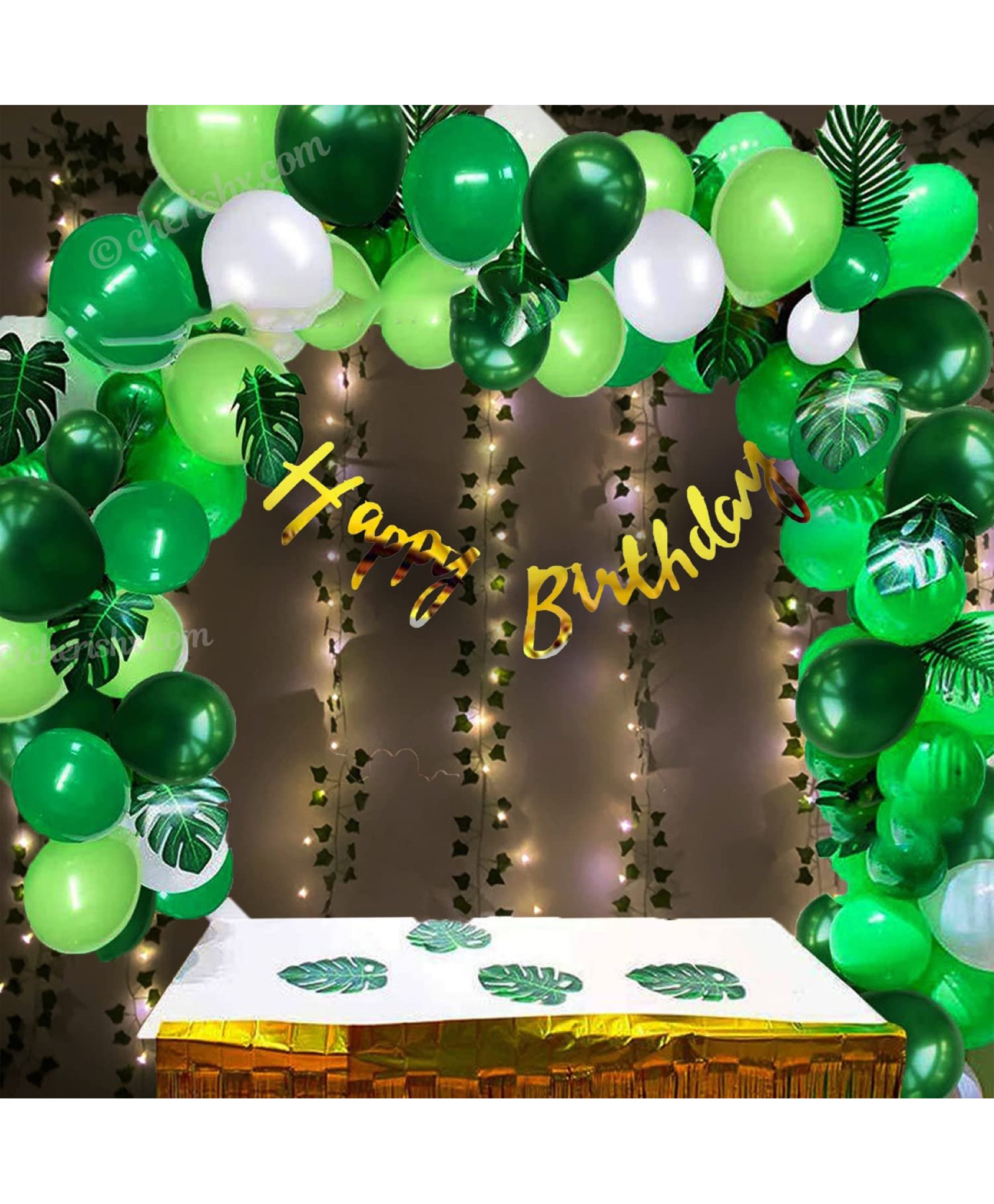 Surprise Decor Jungle Theme Party Decoration Items for Kids Birthday - Pack of 55 Pcs - Bunting, Artificial Leaf, Latex Balloons, Arch tape - Decorating Items Birthday Party for Boy or Girl (Multicolor)-image-29