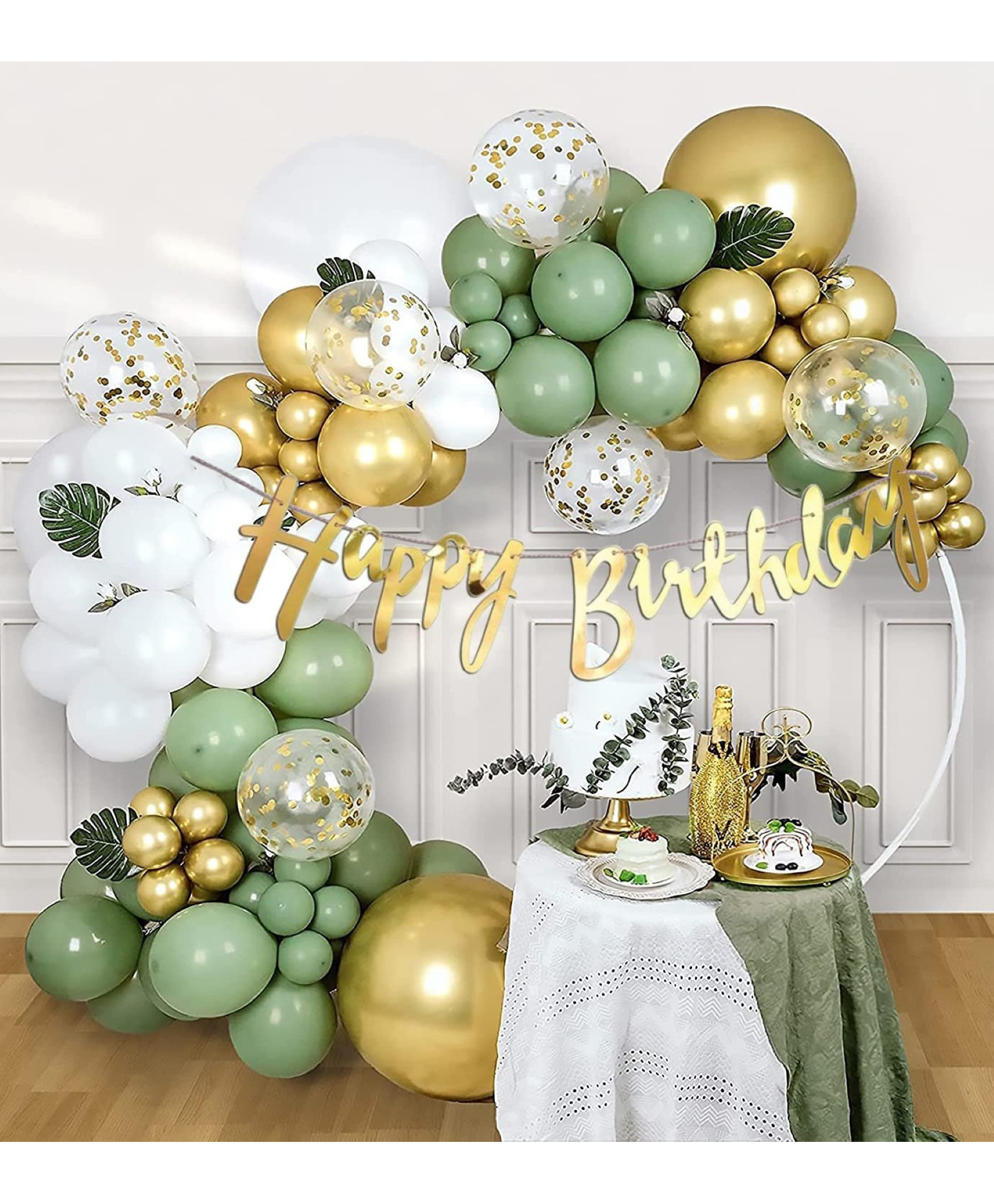 Surprise Decor Green White Gold Balloons, Gold Cursive Happy Birthday Decoration Kit With Arch Pack Of 50-picture-26