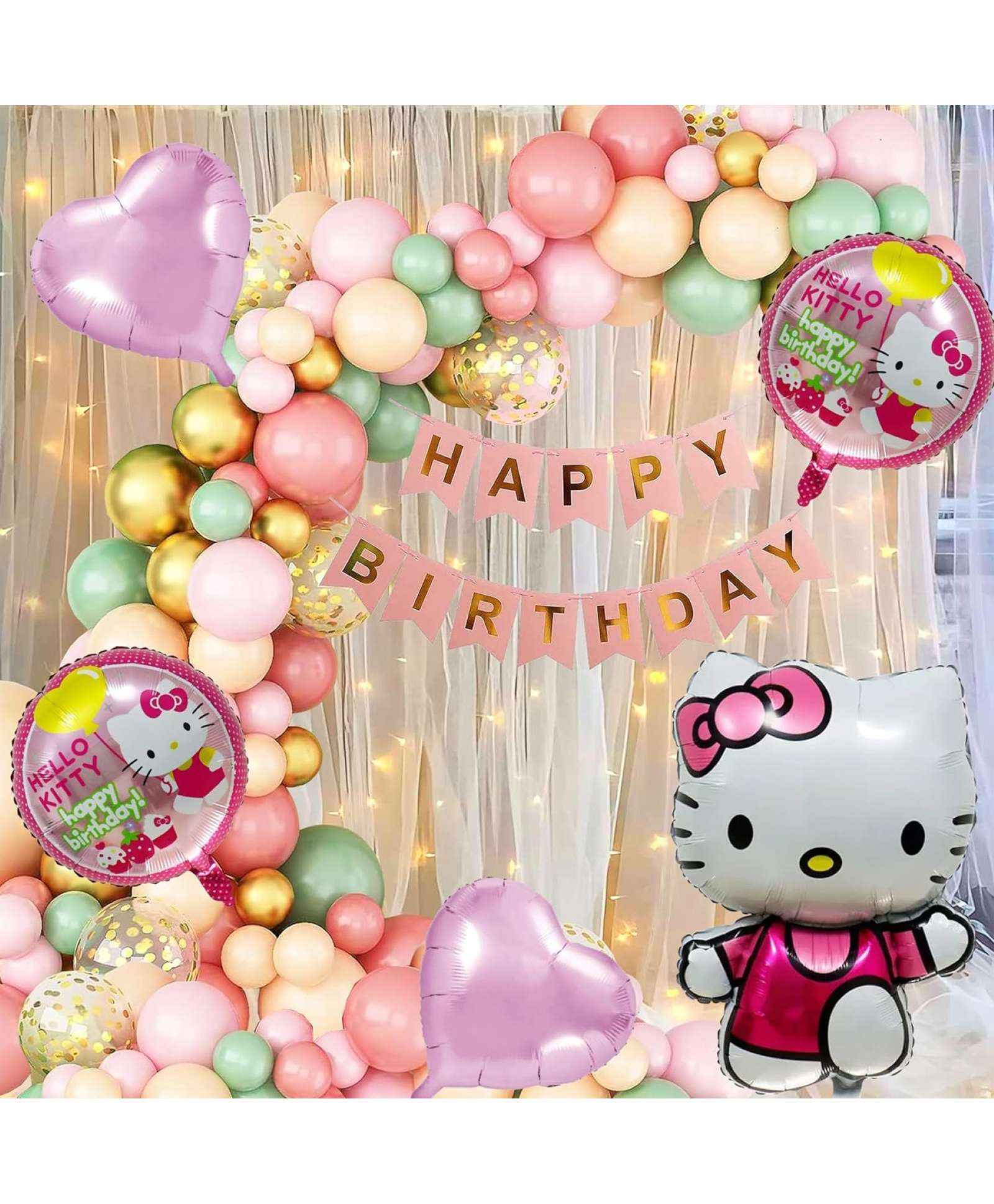 Surprise Decor Hello Kitty Happy Birthday Decoration Balloons Banner with LED Light Net Backdrop Curtain Set of 106 Pcs-image-46