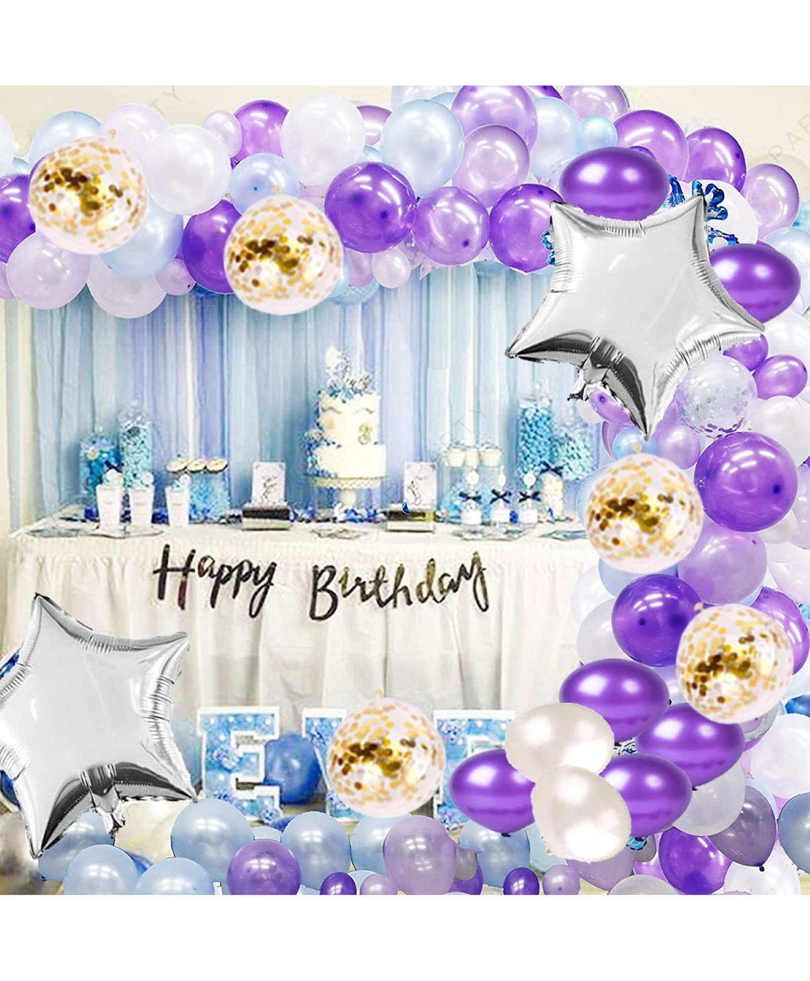 Surprise Decor purple blue white golden Happy Birthday Decoration Combo Kit with Banner, Balloons, star foil 47pcs for Birthday Decoration Boys, Kids, Girl,-image-33
