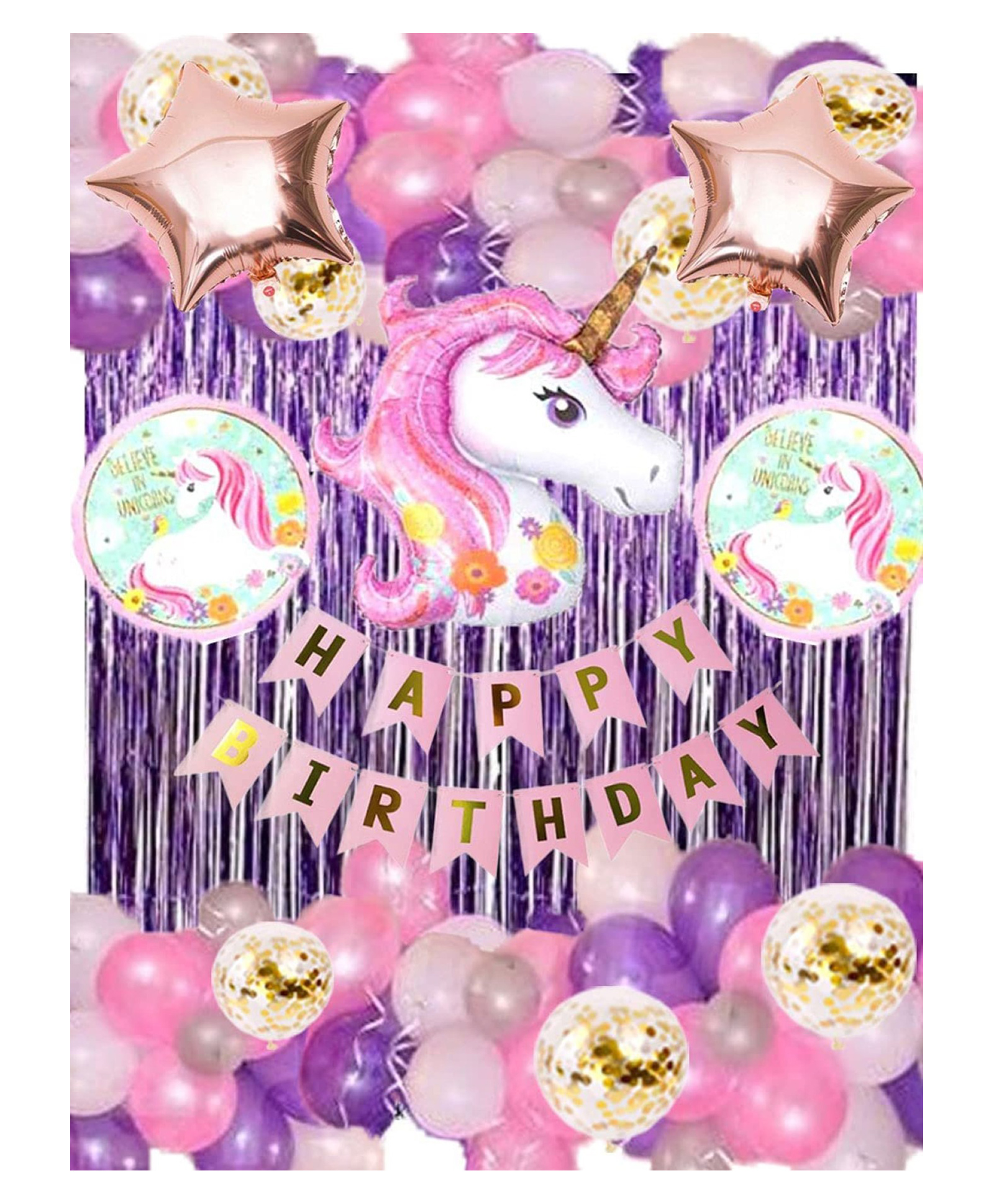 Surprise Decor happy birthday Unicorn Theme Party decoration Supplies Combo set - 54Pcs Foil Balloon, Unicorn Head Balloon, Star,curtain For Girls Birthday Party Decoration-picture-24