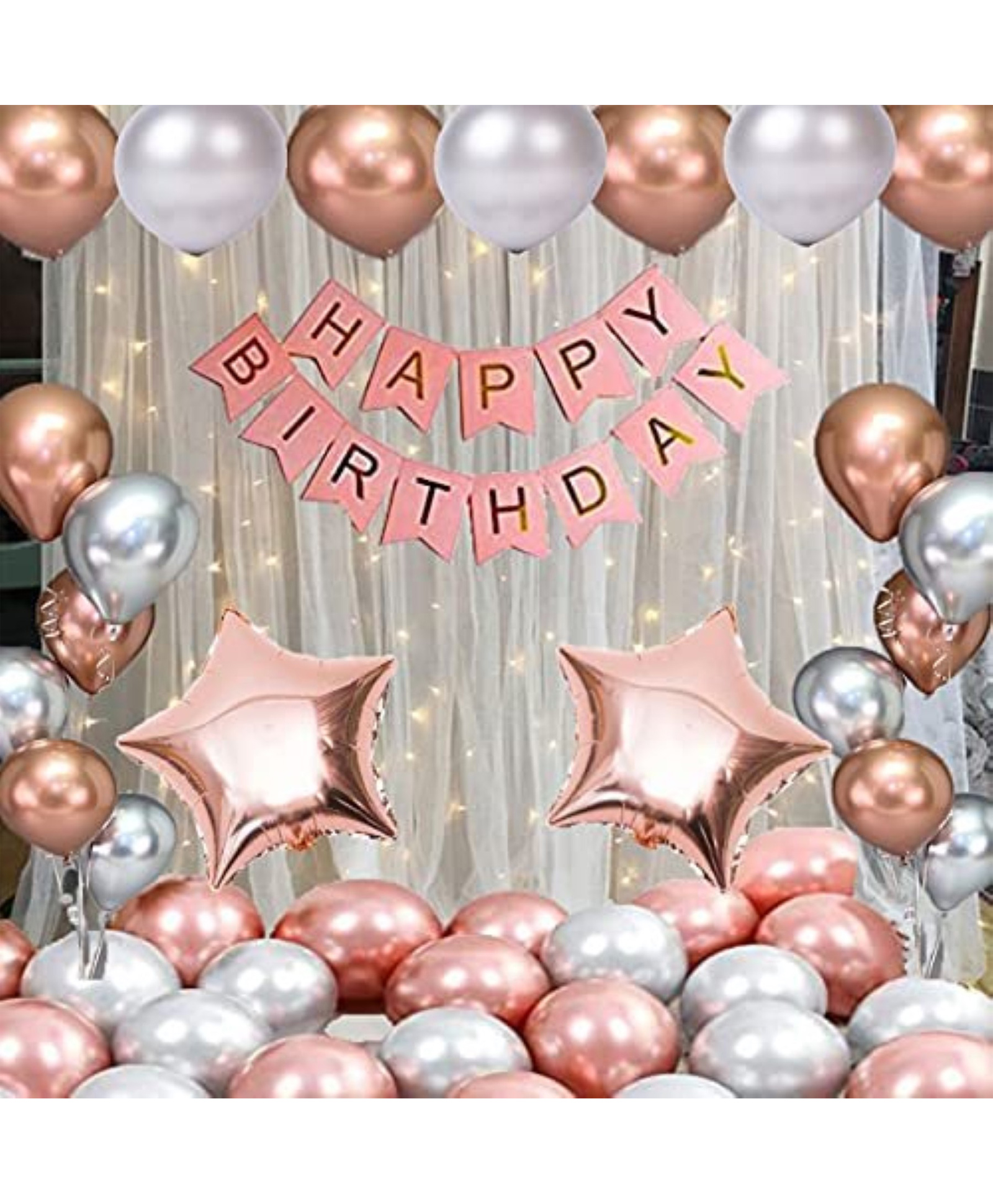 Surprise Decor rose gold silver Happy Birthday Decoration Combo Kit with Banner, Balloons, Stars, 33pcs for Birthday Decoration Boys, Kids, Girl, . (rosegold 33 pcs)-image-39