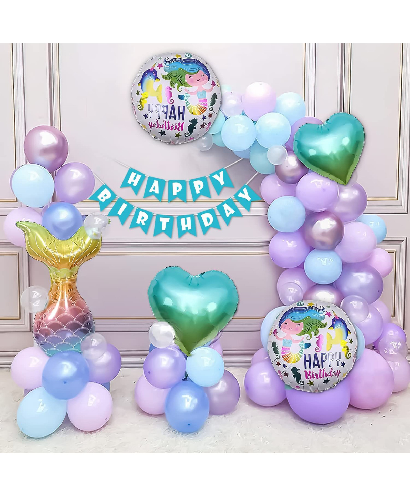 Surprise Decor Birthday decoration items for girls with Mermaid theme foil balloon set, happy birthday banner, Purple, Pearl white & Blue Balloons- 68 Items-image-37
