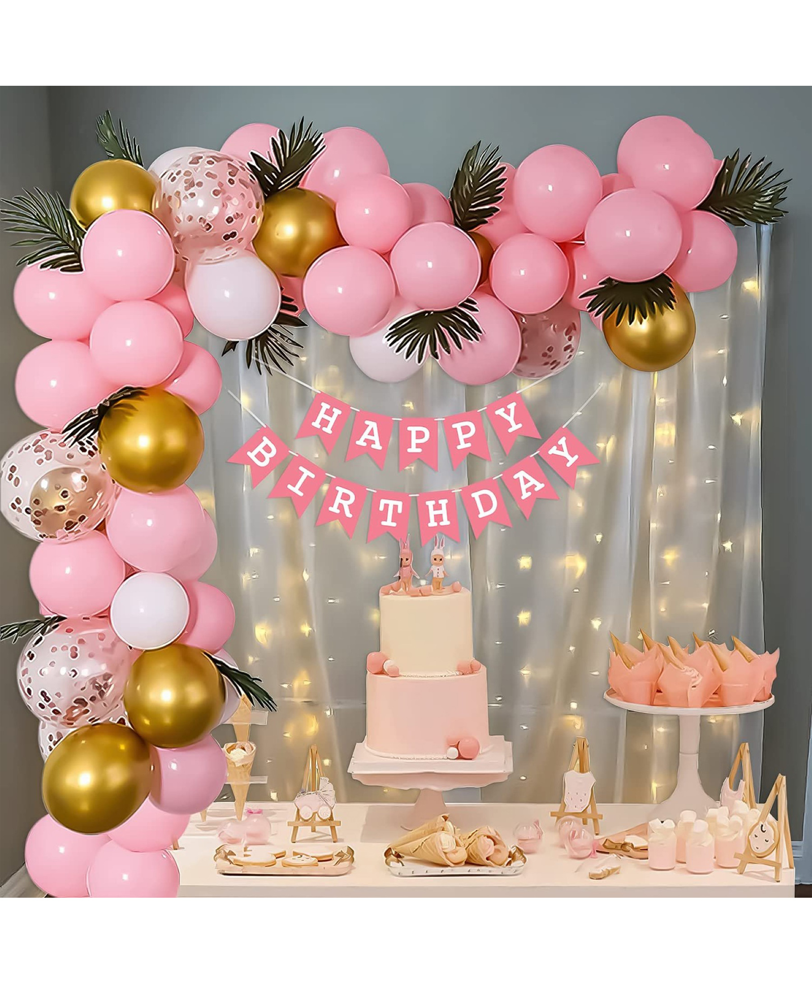 Surprise Decor Pink Theme Birthday Decoration Items Kit for girls includes Pink, White & Metallic Gold Balloons with White Net Curtain, Fairy LED Light & Fake Palm Leaves- 71 Items-image-35