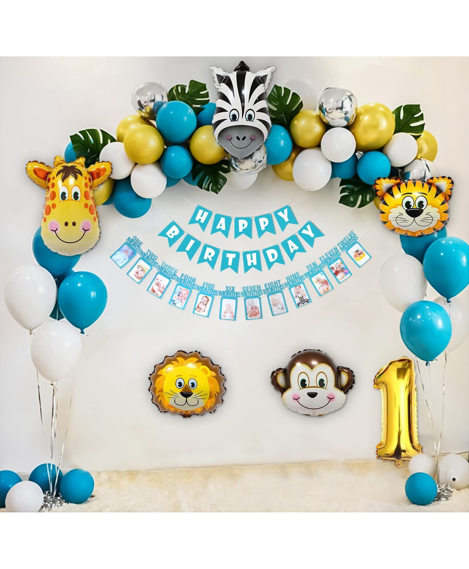 Surprise Decor Jungle theme birthday decorations item kit DIY Combo set with Monthly Banner, animal foil balloons, palm leaves & Blue & White Balloons- 52 Pcs-image-35