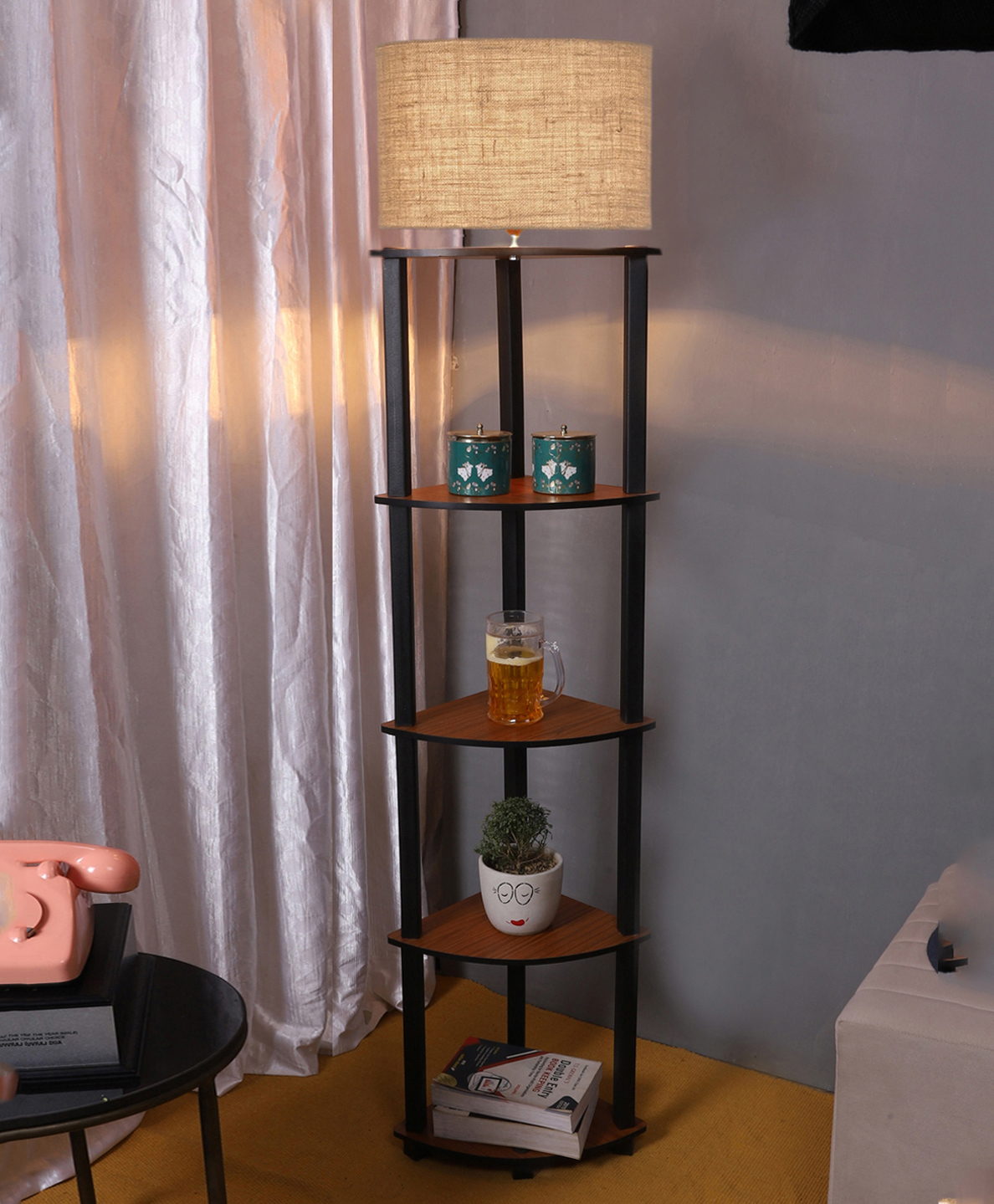 Devansh Beige Jute Drum Designer  Shelf Floor Lamp - -Wooden (12x12x65.5)Inches-picture-12